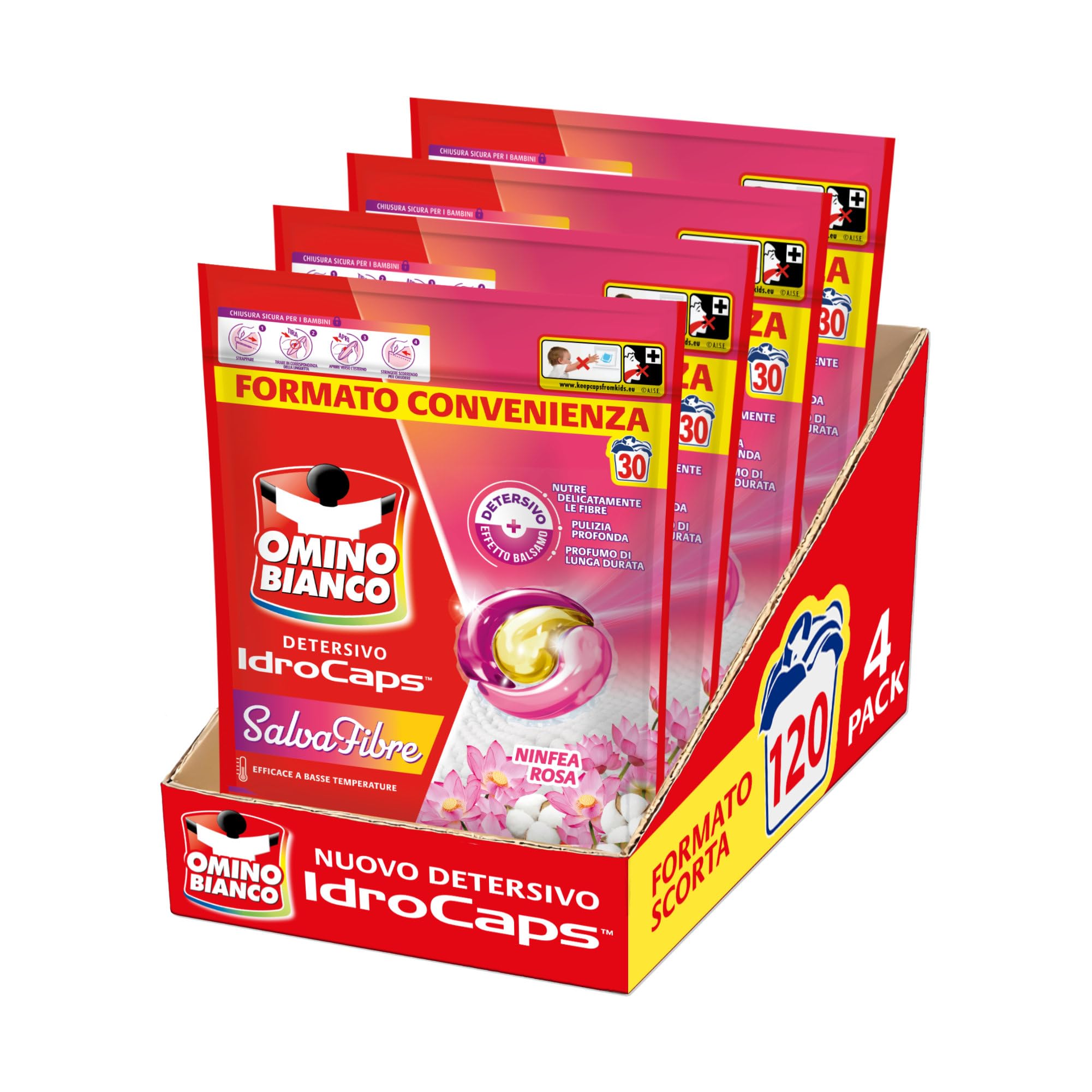 Omino Bianco Idrocaps - Detersivo Lavatrice In Capsule Salva Fibre, 120 Lavaggi, Efficace a Basse Temperature, Profumo Ninfea Rosa, 30 Caps x 4 Confezioni