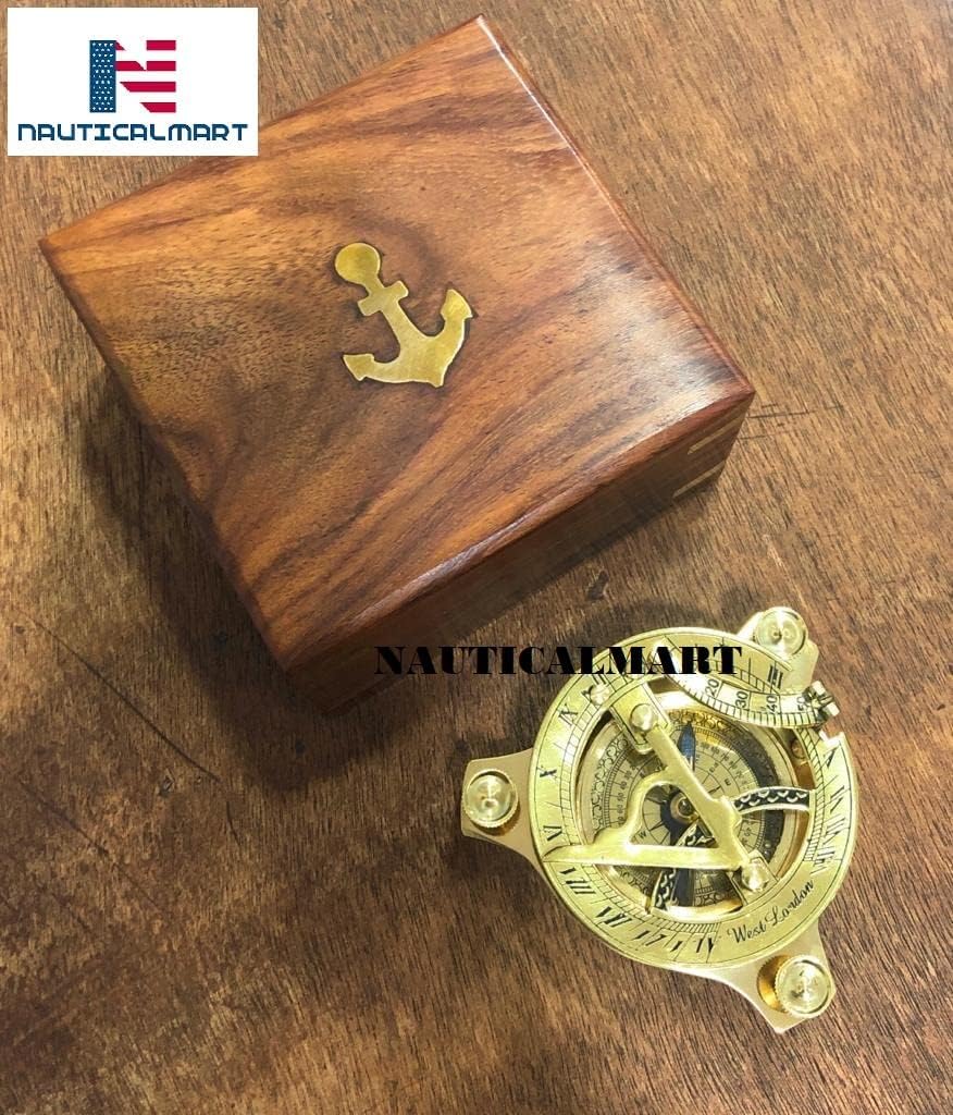 4" Sundial Compass Solid Brass Sun Dial (3" w/Wooden Box)