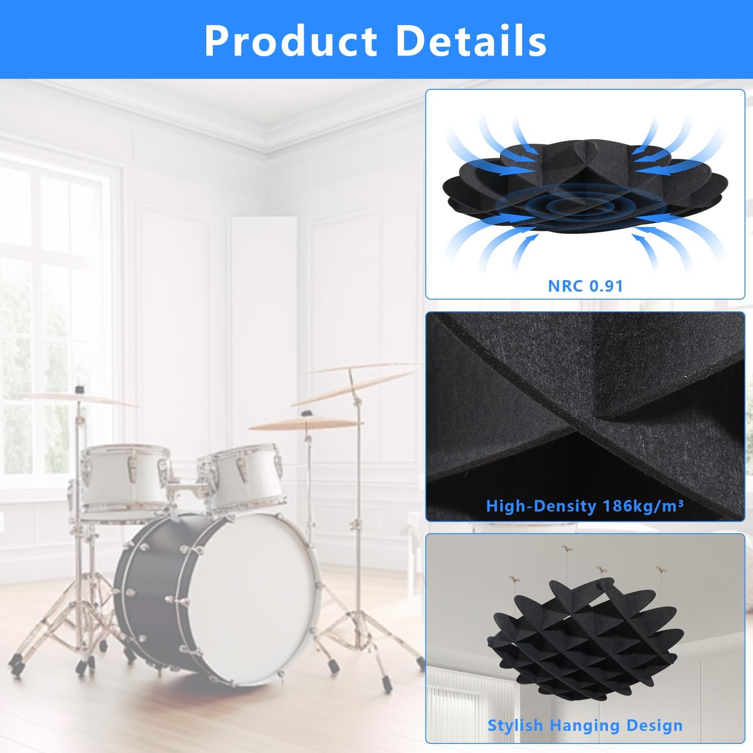 Acoustic Ceiling Waffle Panel, POOMEL Acoustic Panels Sound Absorbing, Large Hanging Noise Reduction Panel, Ceiling Cloud Sound Diffusers for office, Home Theater, Recording Studio, Black