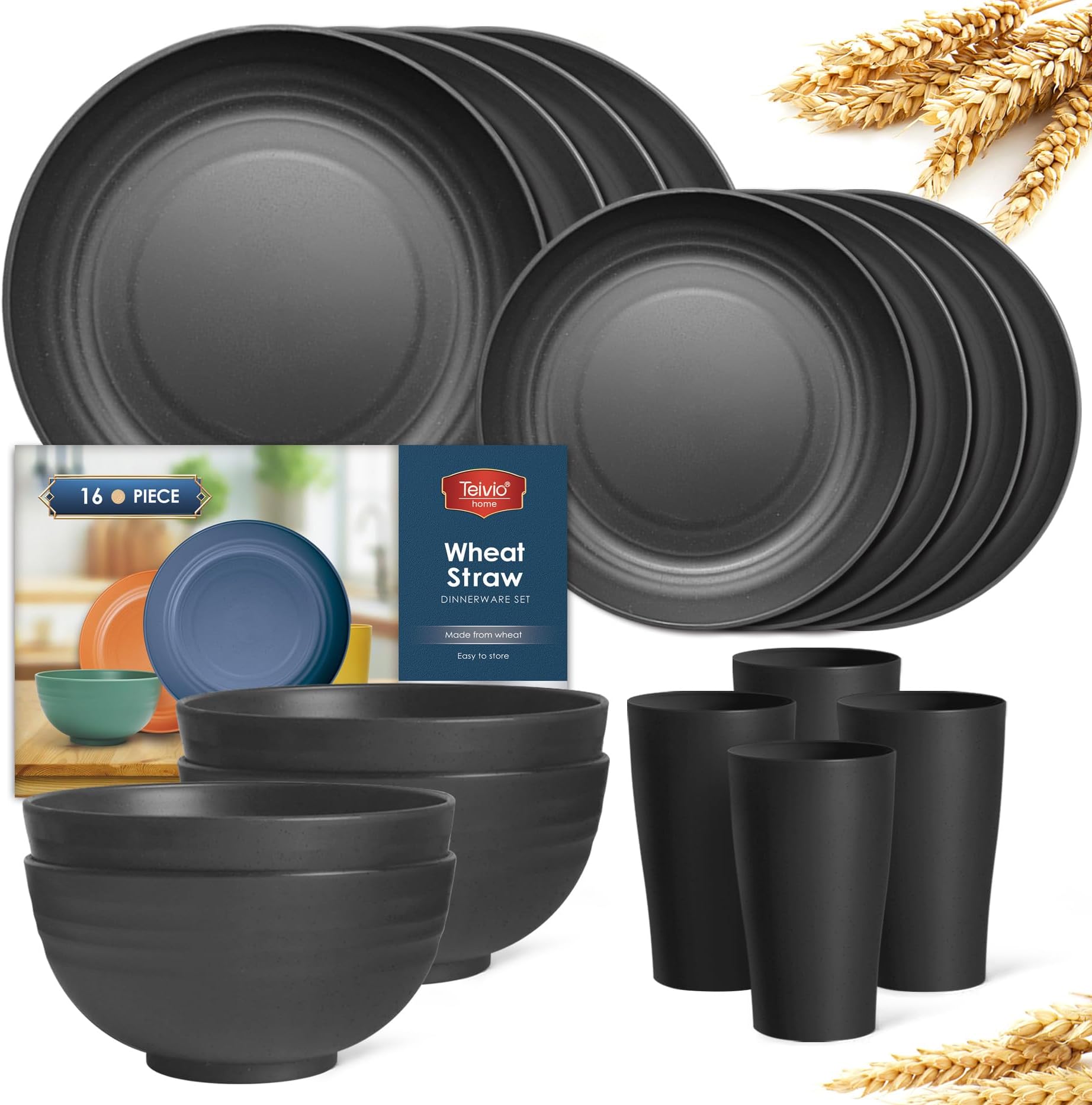 Teivio 16-Piece Kitchen Wheat Straw Dinnerware Set, Service for 4, Dinner Plates, Dessert Plate, Cereal Bowls, Cups, Unbreakable Plastic Outdoor Camping Dishes, Black