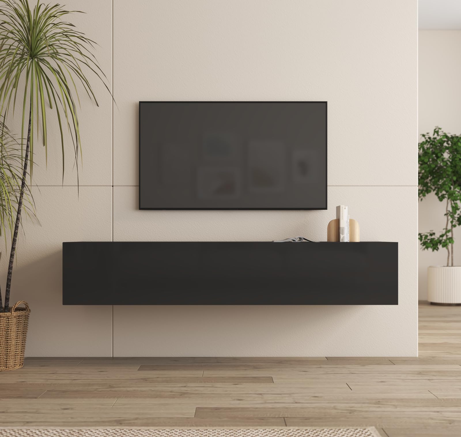 MB Muebles Bonitos, Meuble TV Mural Nora H2 pour Salon Moderne, Meuble Suspendu avec 1 Porte 3 Compartiments, Couleur Noir, 160x30x40 cm