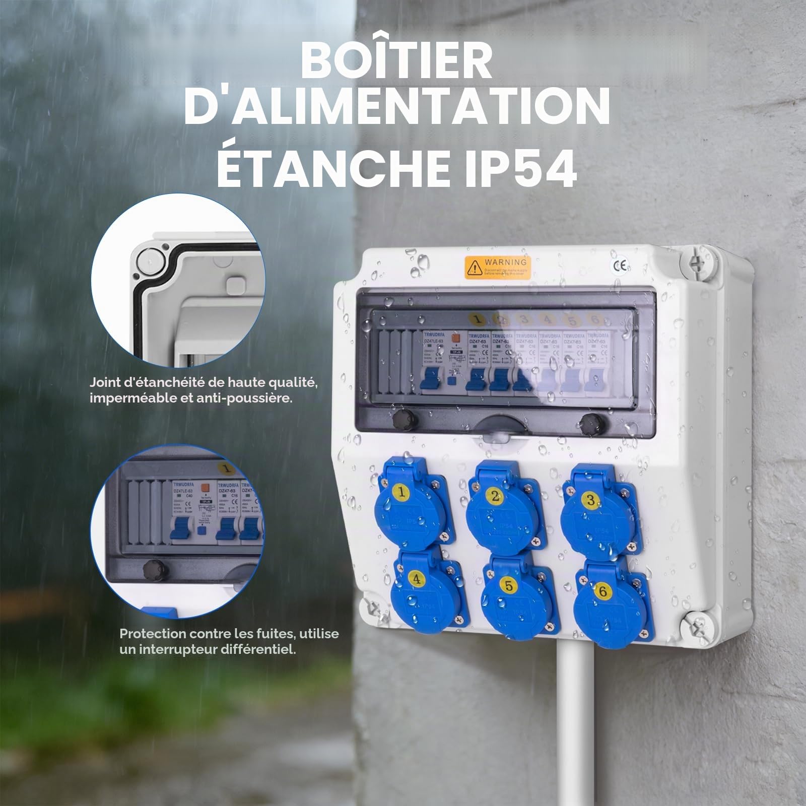 Coffret Électrique de Chantier - Distributeur électrique étanche IP65 avec disjoncteur - Répartiteur Mural avec prise IP54 250 V/16 A - Distributeur électrique à courant fort pour l'extérieur