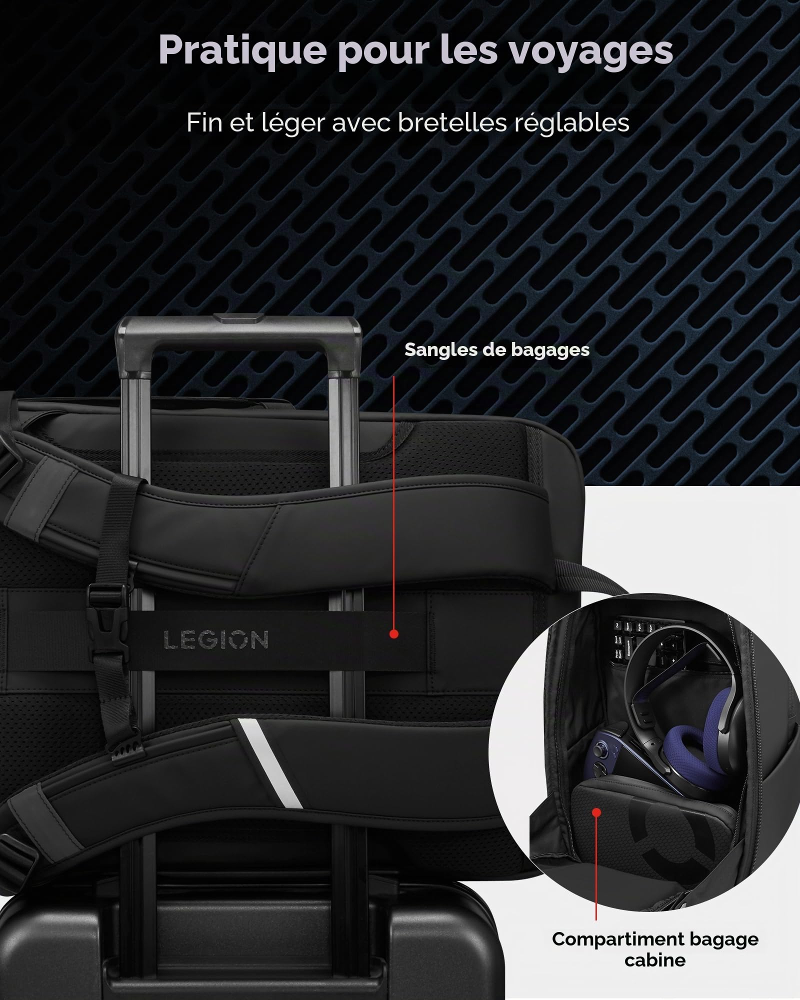 Lenovo - Sac à dos Gaming Legion 17" GB800 (étanche, capacité jusqu'à 21 litres, ouverture à 180°, poches pour ordinateur, tablette, bouteilles d'eau, sangles ergonomiques) - Couleur gris clair