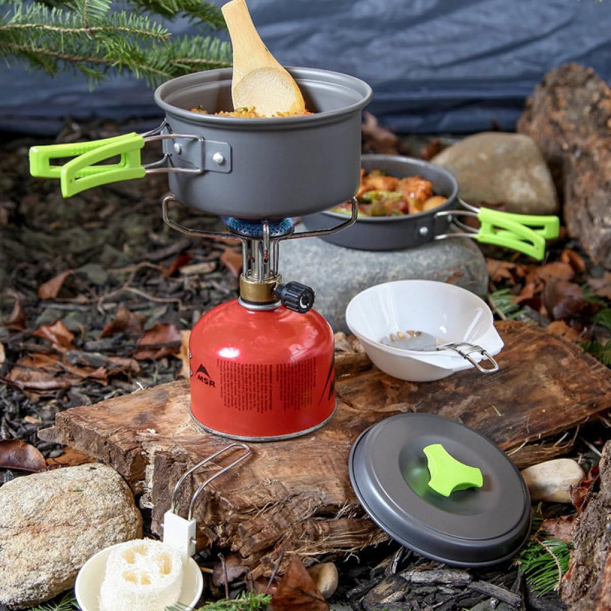 1set Outdoor Camping Cookware Portable Person Cooking Utensils Handles Lightweight for Hiking Picnics and Outdoor Adventures Accessories Included