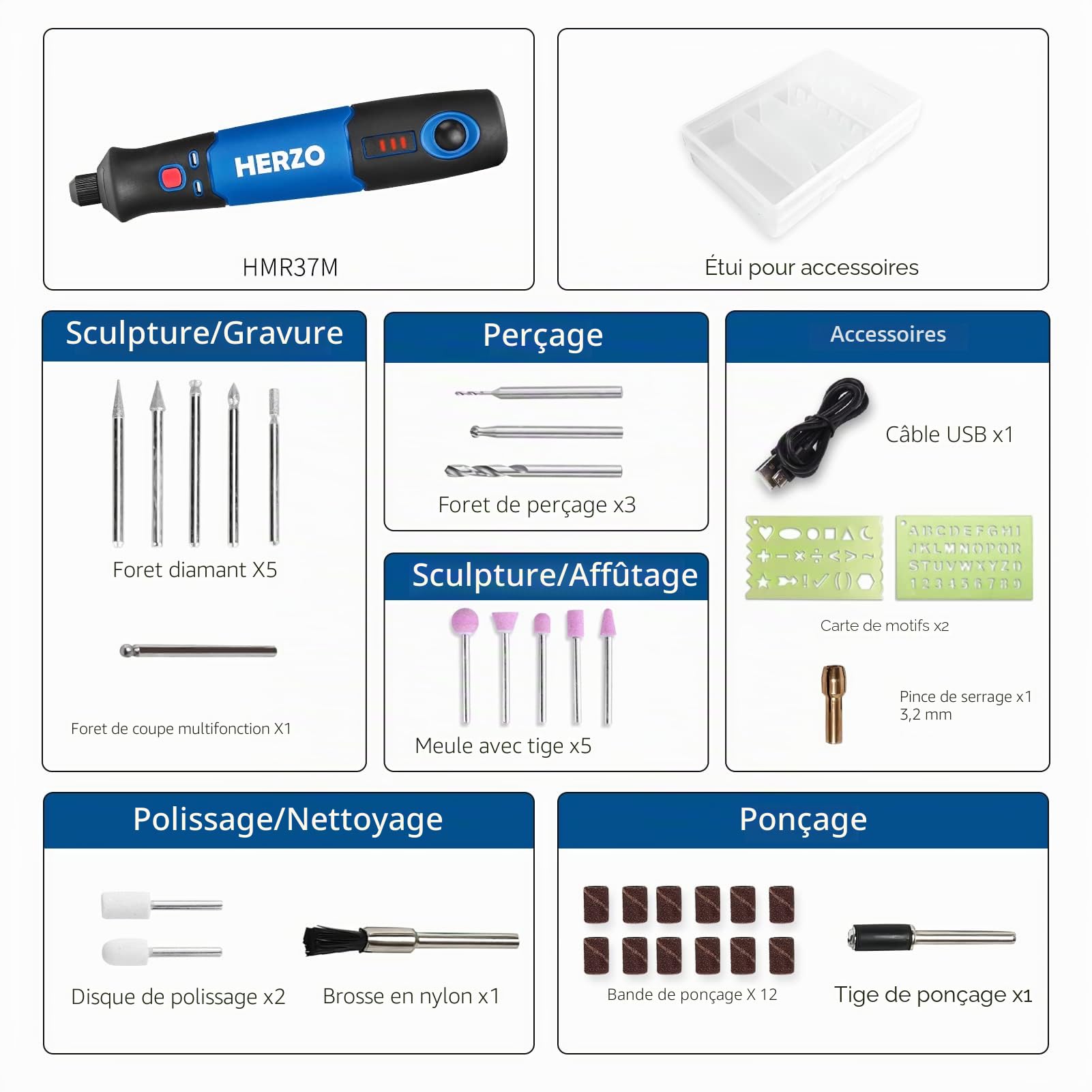 HERZO Outil Rotatif Electrique sans fil Li-Ion (3.7V), 32 pcs Accessoires，recharger par USB, Mini Outil avec 3 Vitesses 5000-15000tr/min Multifunction, pour sculpter/couper/polir