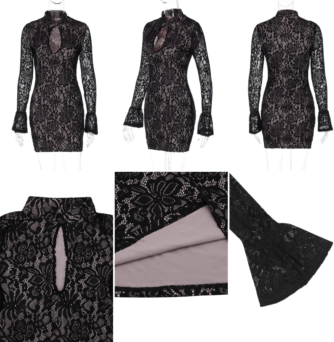 Women's Sexy Lace Long Flare Sleeve Hollow Out Mini Dress Half High Collar Bodycon Short Dresses for Party Club