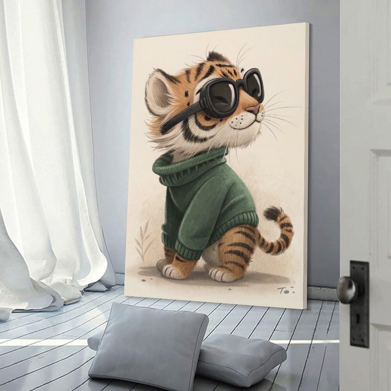 Junmoney Cool Tiger Cub with Sunglasses Wall Picture Print 24x36inch(60x90cm), for Home Office, Desk Area Or Studio, Home Office Artwork with Decorative Appeal