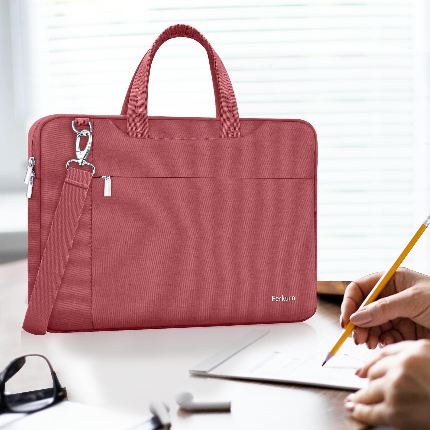 Ferkurn Laptop Bag Case Women Men Computer Sleeve with Shoulder Compatible with HP Envy Pavilion/Inspiron/Thinkpad/Vivobook/MSI/Surface,Waterproof Briefcase with Handle, Red, 15 15.6 Inch 15.6 inch Red image 7 of 7 B0B2QPDS1N