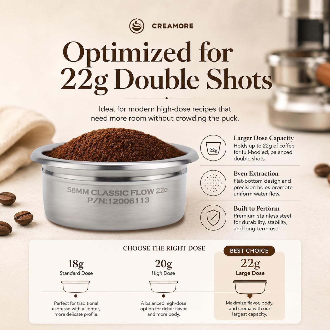 22g Espresso Filter Basket, 58mm – Precision Flat-Bottom High-Dose Double Shot Basket, 0.3mm Holes, 28mm Depth, AISI 304 Stainless Steel, Fits 58mm Portafilters & E61 Group Heads