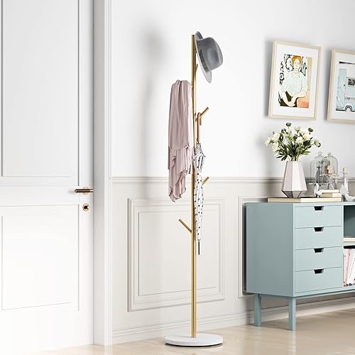 Miniatura 5 de DOORXIFO Percheros dorados, perchero de metal independiente con ganchos, perchero de entrada, perchero con base de mármol, árbol de abrigo para