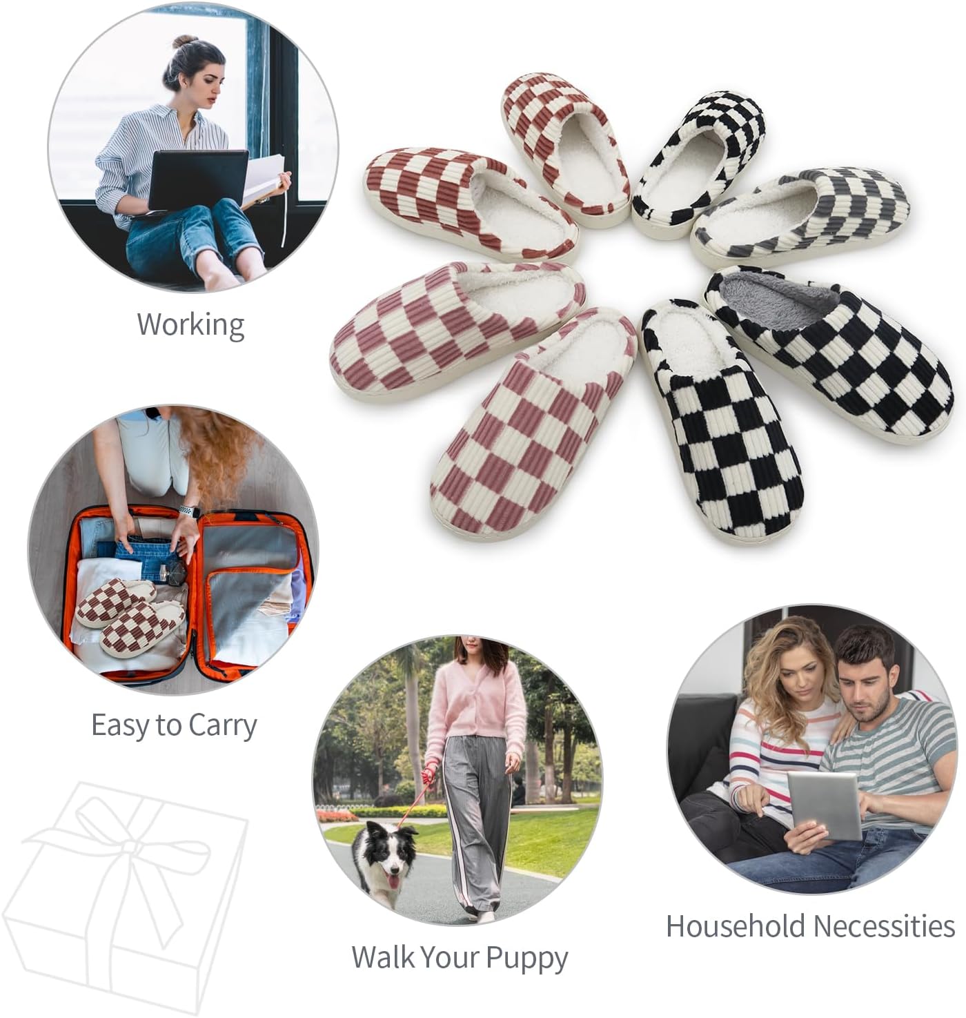 Women Home Fuzzy Slippers - Memory Foam Checkered Plaid Scuff Non-Slip Indoor Outdoor Comfortable Casual Soft Slides - Image 5