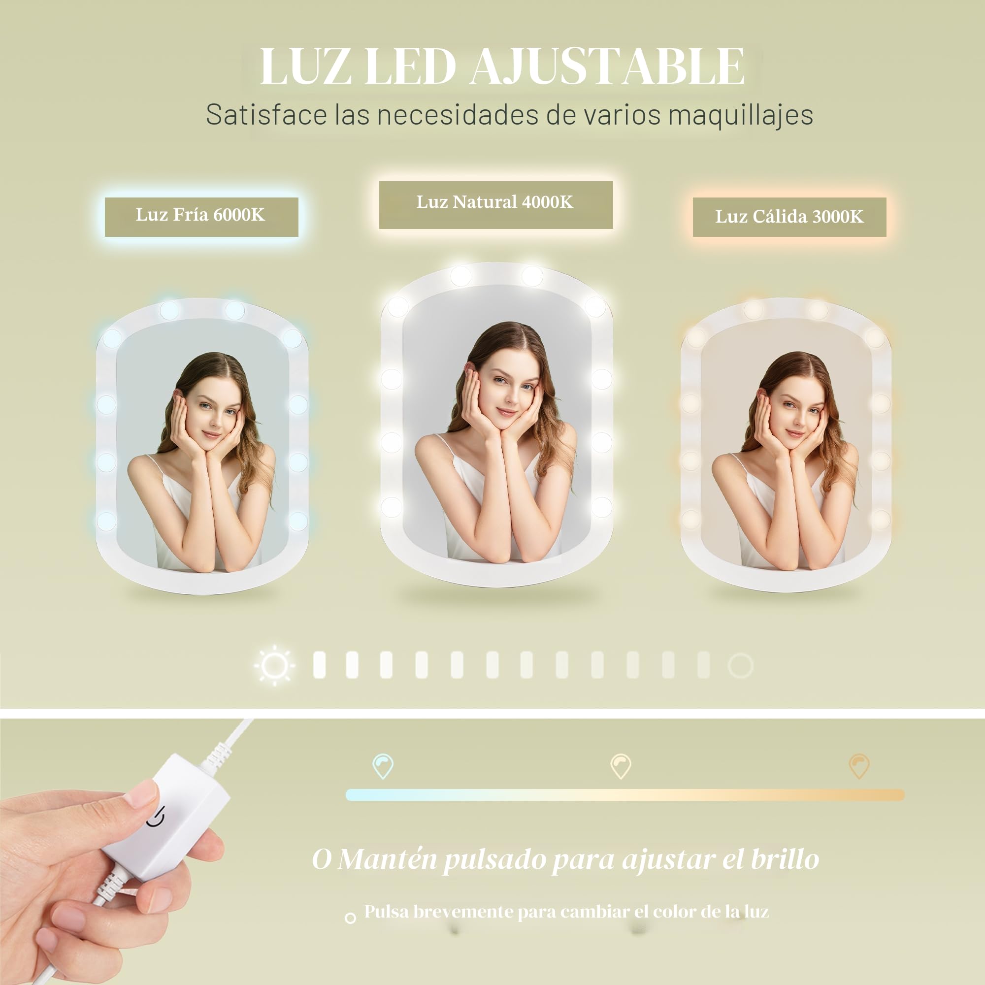 HEXCELEN Tocador con Espejo Ovalado, Mesa de Maquillaje con 10 Luces LED, Tocador de Maquillaje, Brillo Ajustable, 1 Cajón, 1 Armario, 4 Compartimentos Abiertos, Blanco