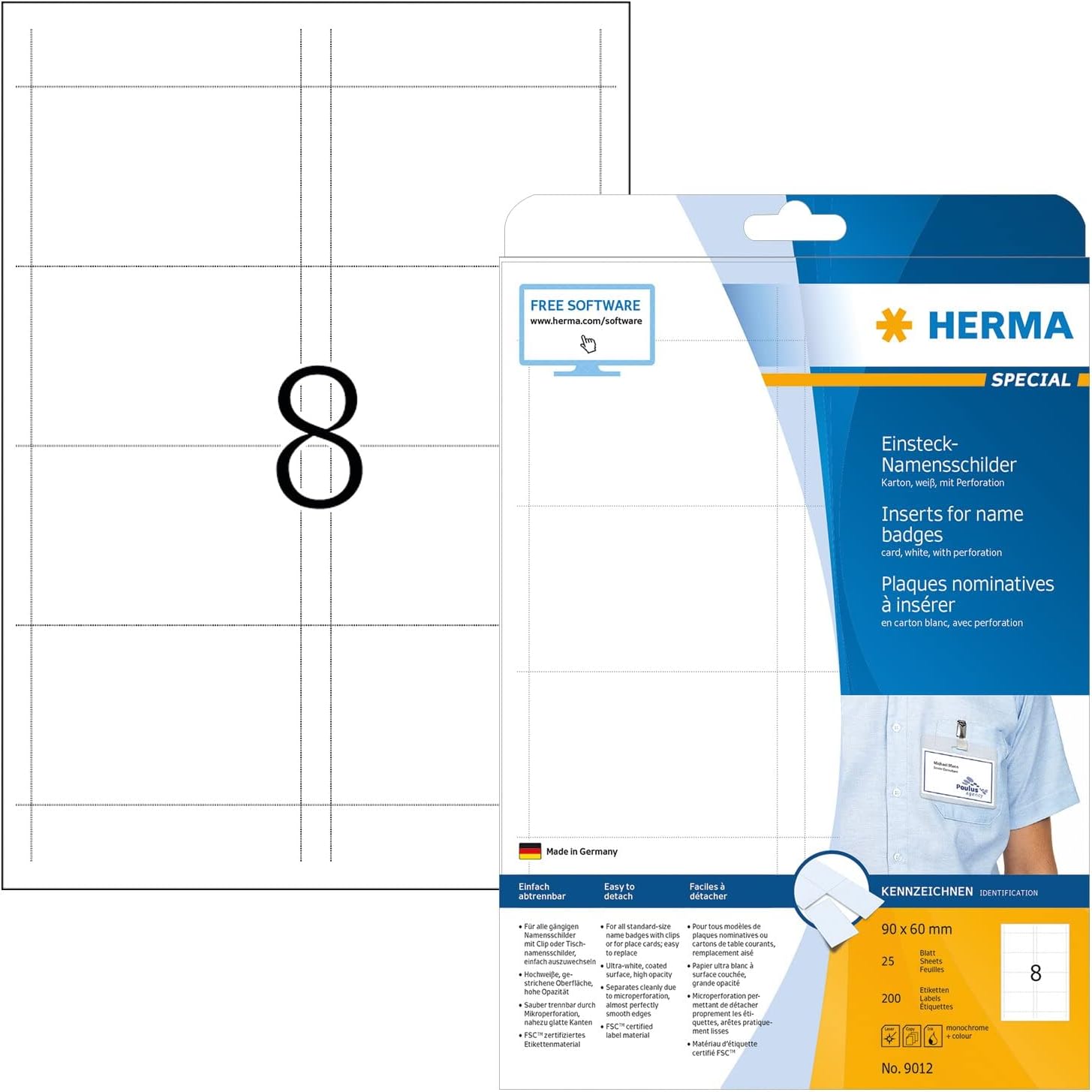 Name Badge Insert Refills, 8 Pieces Labels per A4 Sheet, 25 Sheets, 90 x 60 mm, 200 Pieces, Blank Inserts for Name Badges, Printable Card Inserts for Laser & Inkjet Printer, White