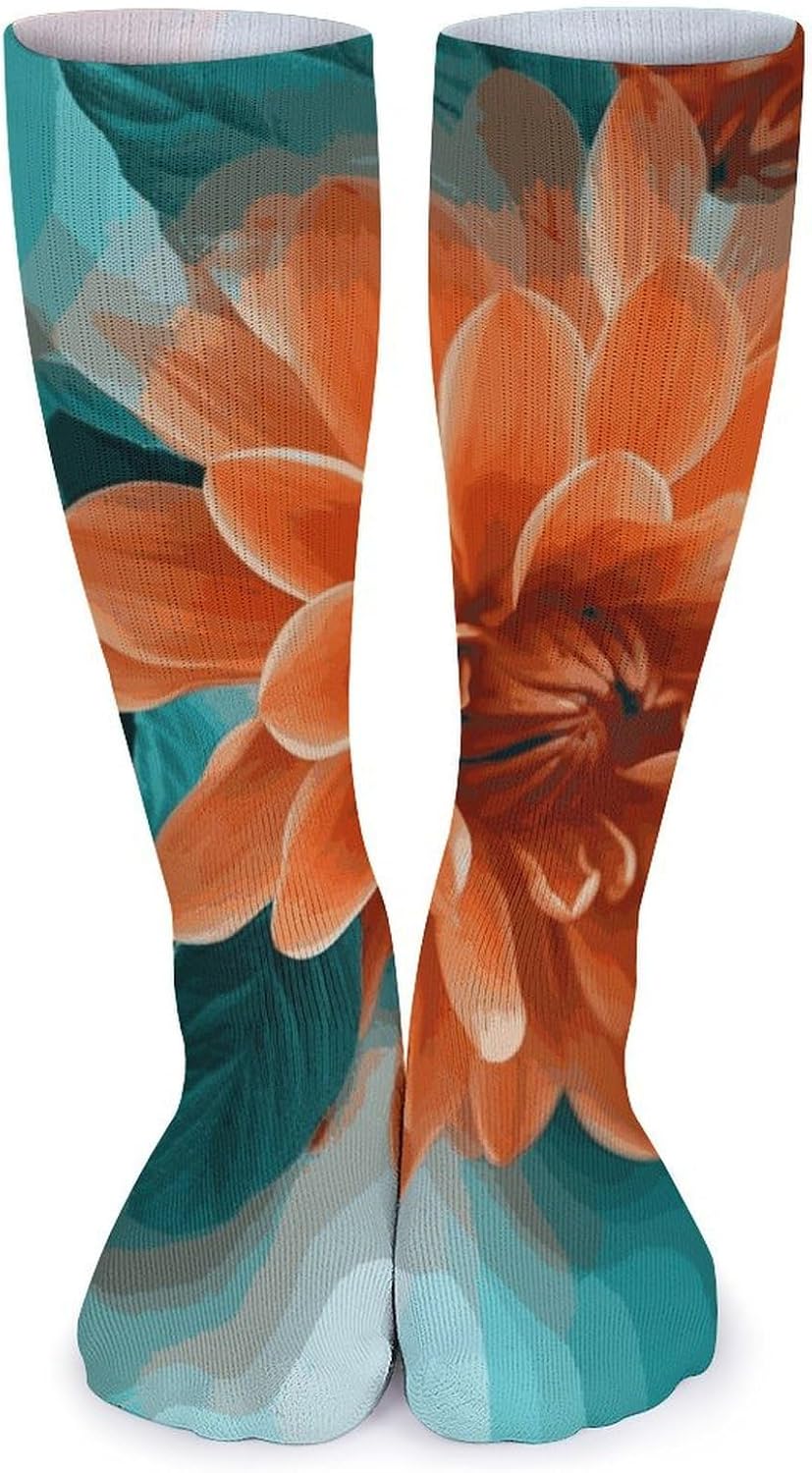 Breathable Crew Sock, Moisture Wicking, Athletic Calf Socks, Cozy | Teal And Flower Compression Socks for Women Men, Lightweight High Work Socks for Business, Casual