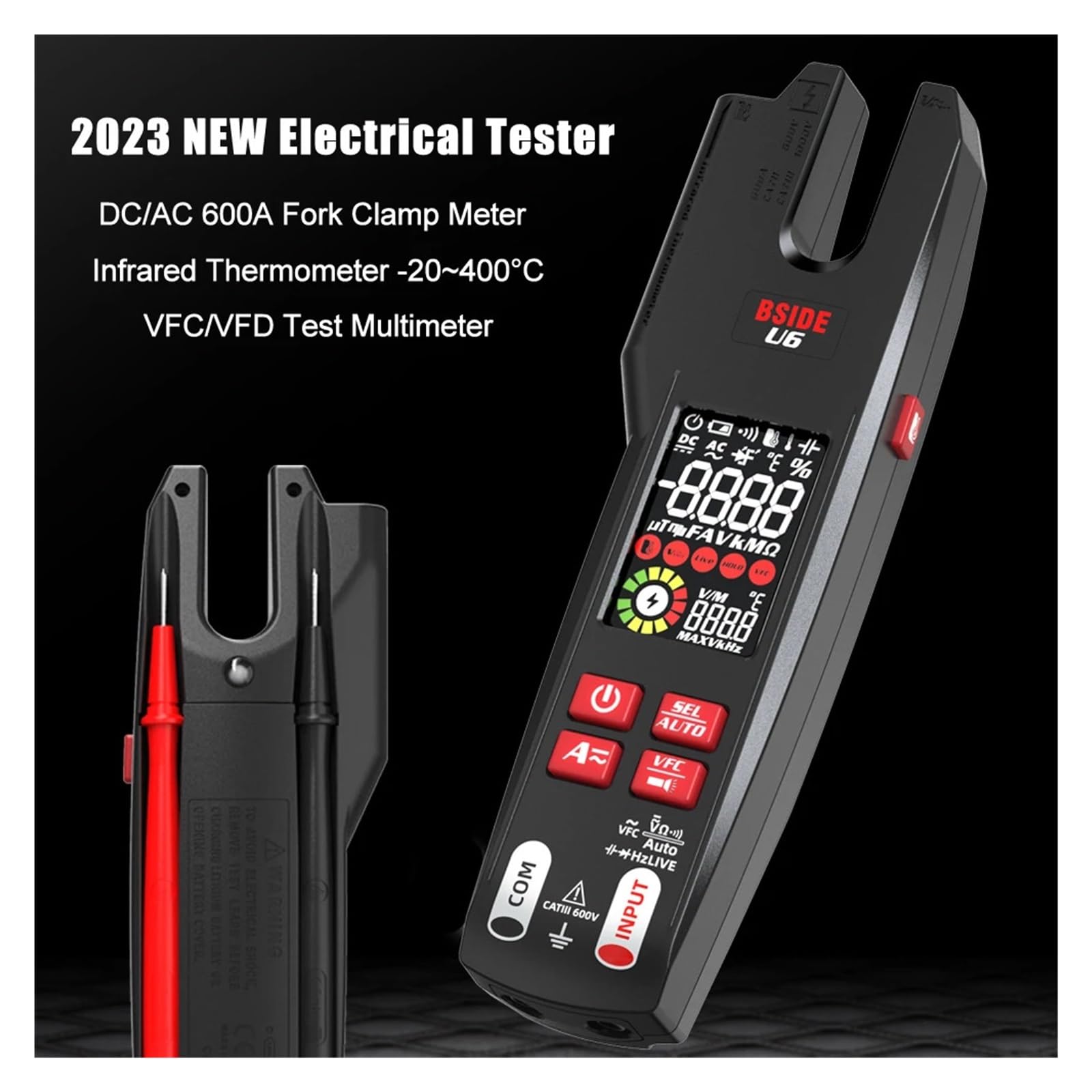 600A Pinza amperometrica digitale True RMS AC DC rilevamento NCV | Misura corrente AC DC e valori elettrici senza scollegare i circuiti per manutenzione e diagnosi(U6 Fork Clamp Meter)