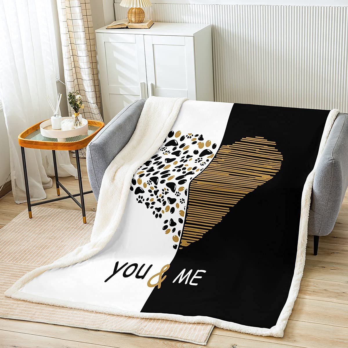 Loussiesd Du und Ich Decke 150x200cm Golden Schwarz Heart Kuscheldecke für Liebespaar Männer Frauen Romantik Wohndecke Valentinstag Schwarz Weiß Zimmerdekoration Flanell Fleecedecke
