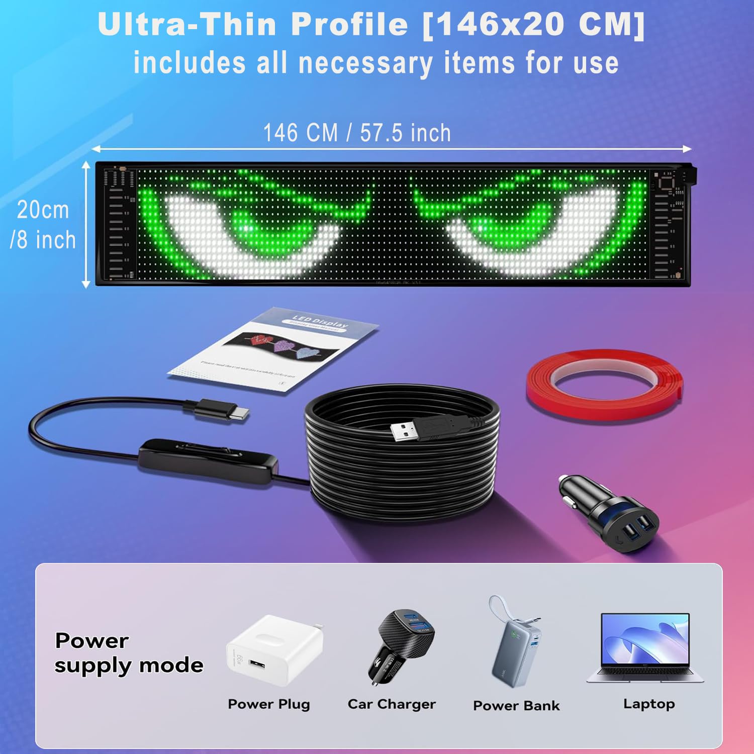 Grande lavagna flessibile a LED, 20 x 146 cm, con scritta RGB programmabile tramite app Bluetooth, pannello a matrice per auto, bar, pubblicità, ristorante, store, decorazione per feste
