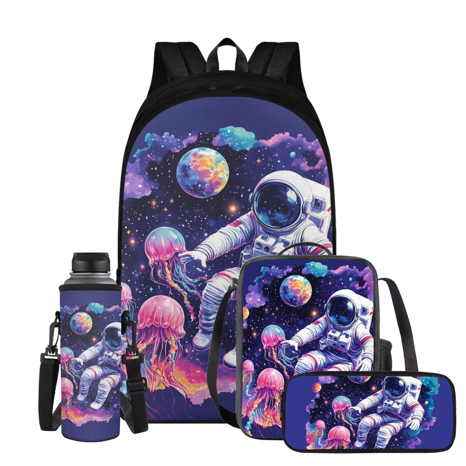YEXIATODO Astronaut Kids Backpack and Lunch Box Set Lightweight Bookbag with Pencil Case & Water Bottle Holder Perfect for School Travel Day Trips
