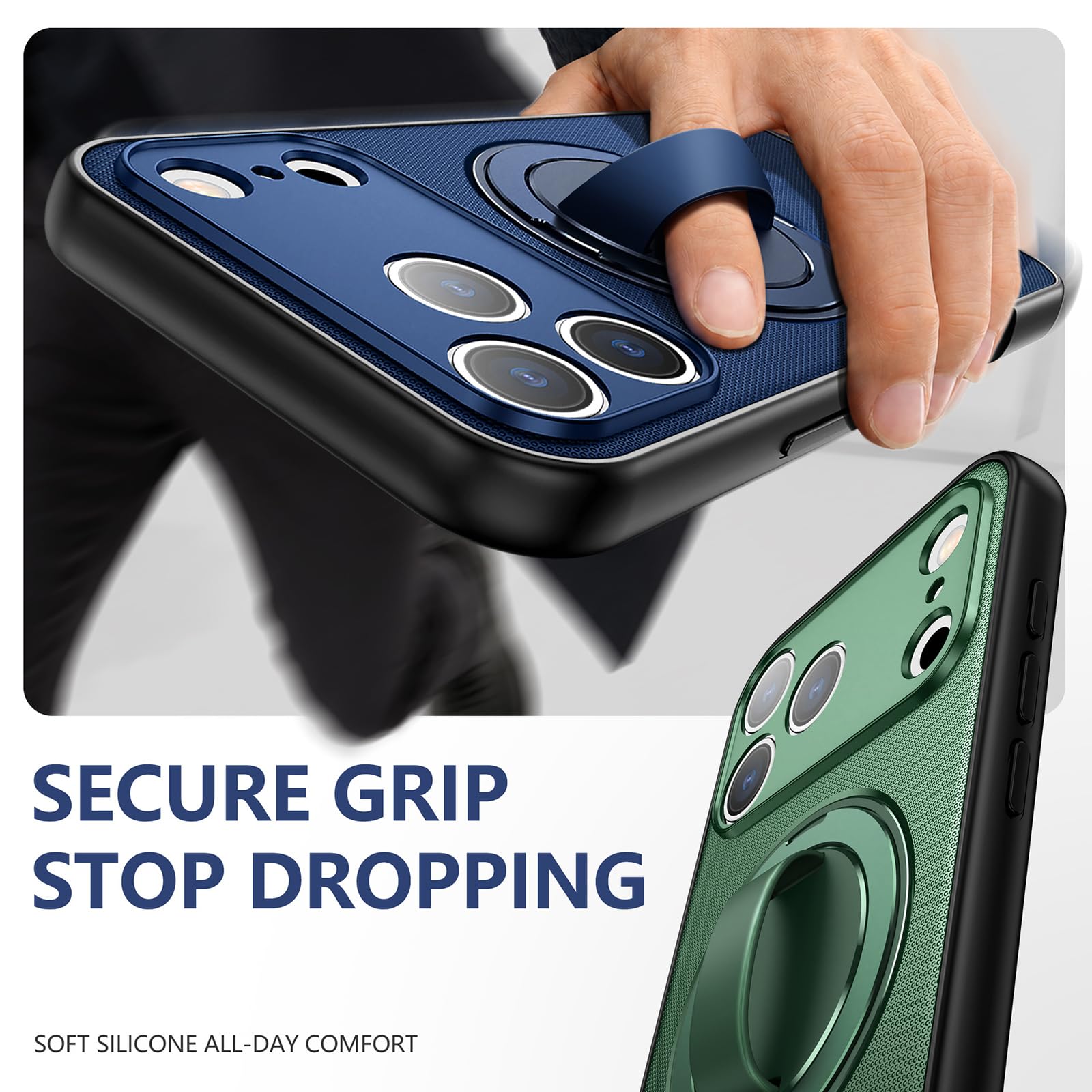Dünne Hülle für iPhone 17 Pro Max/17 Pro/17 Air/17, Stoßfeste rutschfeste Schutzhülle mit Metall Ring Ständer Kameraschutz Handyhülle,Schwarz,17 Pro