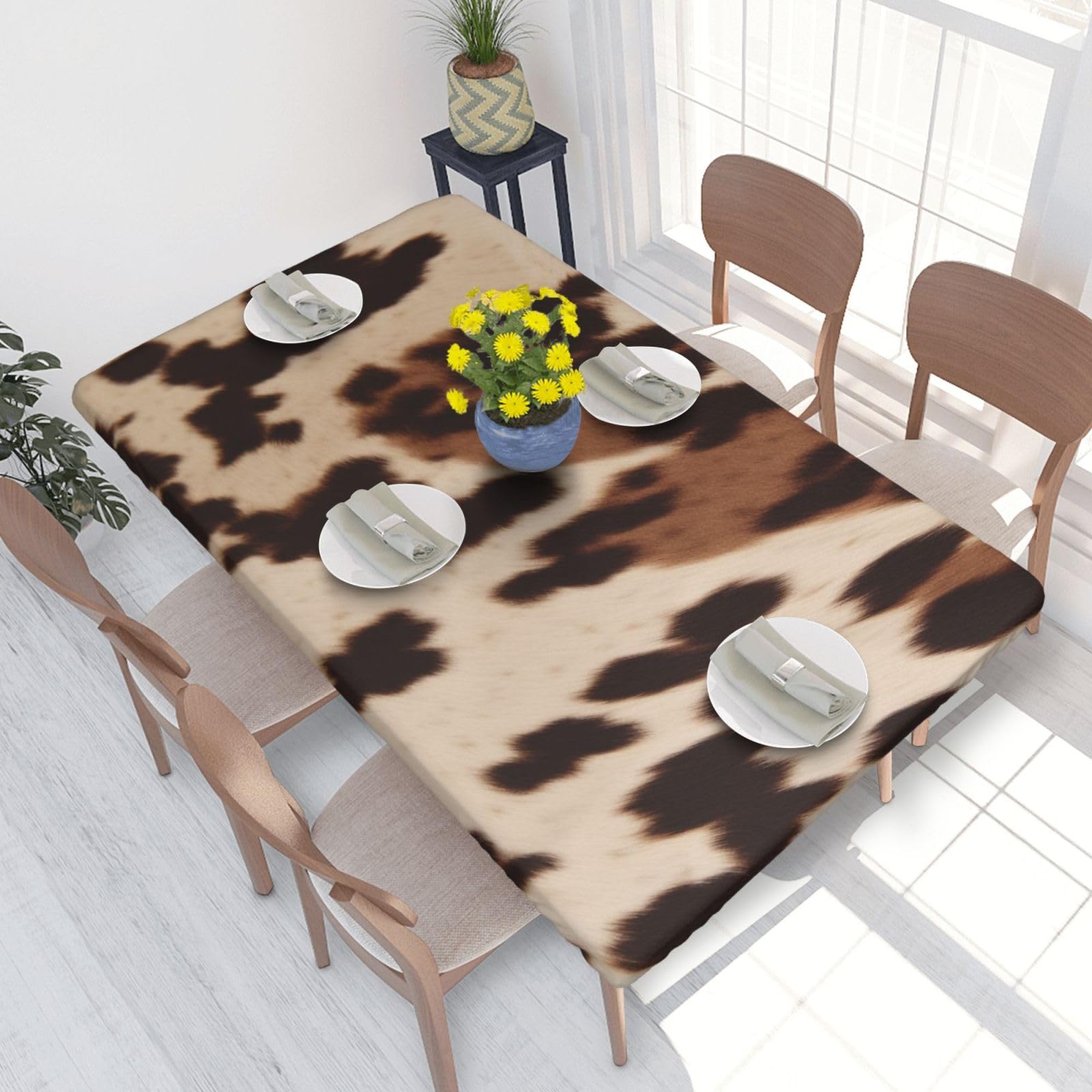 DCARSETCV Cow Fur Print Printed 4FT Waterproof Tablecloth with Elastic Edged Protect & Decor Your Table, Oil-proof Washable Table Cloth Cover for Dinner Picnic Party