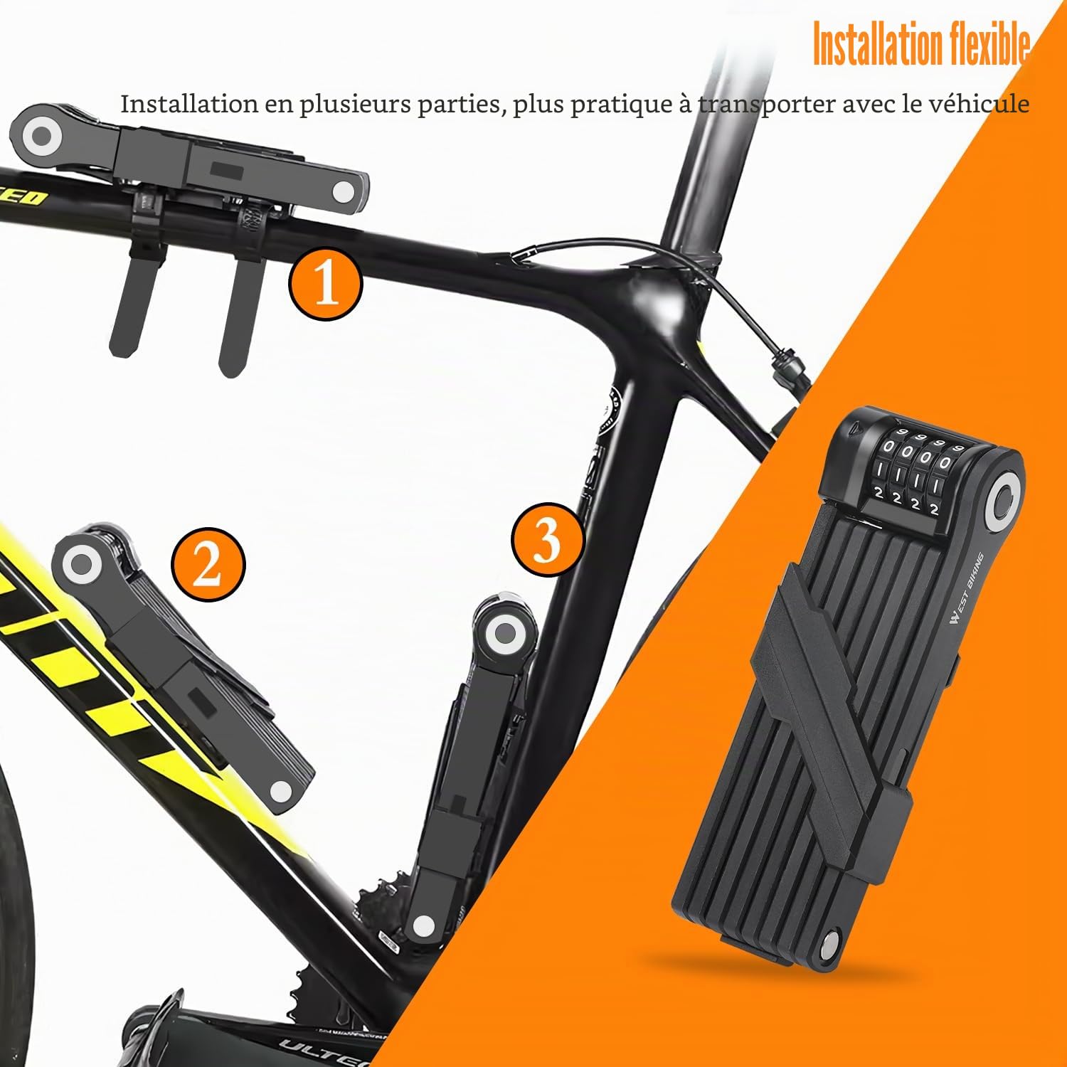 Antivol de vélo, antivol à combinaison, antivol pliable, niveau de sécurité 15, serrure à combinaison, 120 cm avec support