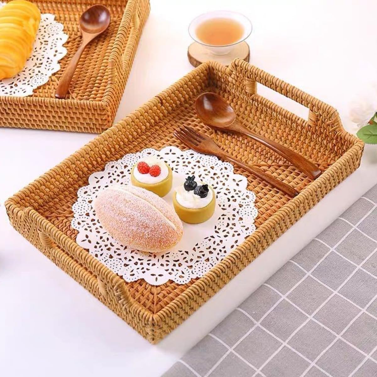 Woven Rattan Fruit and Bread Basket with Handles Small Rectangular 34x24x4cm Storage Tray for Kitchen and Dining Table Serving