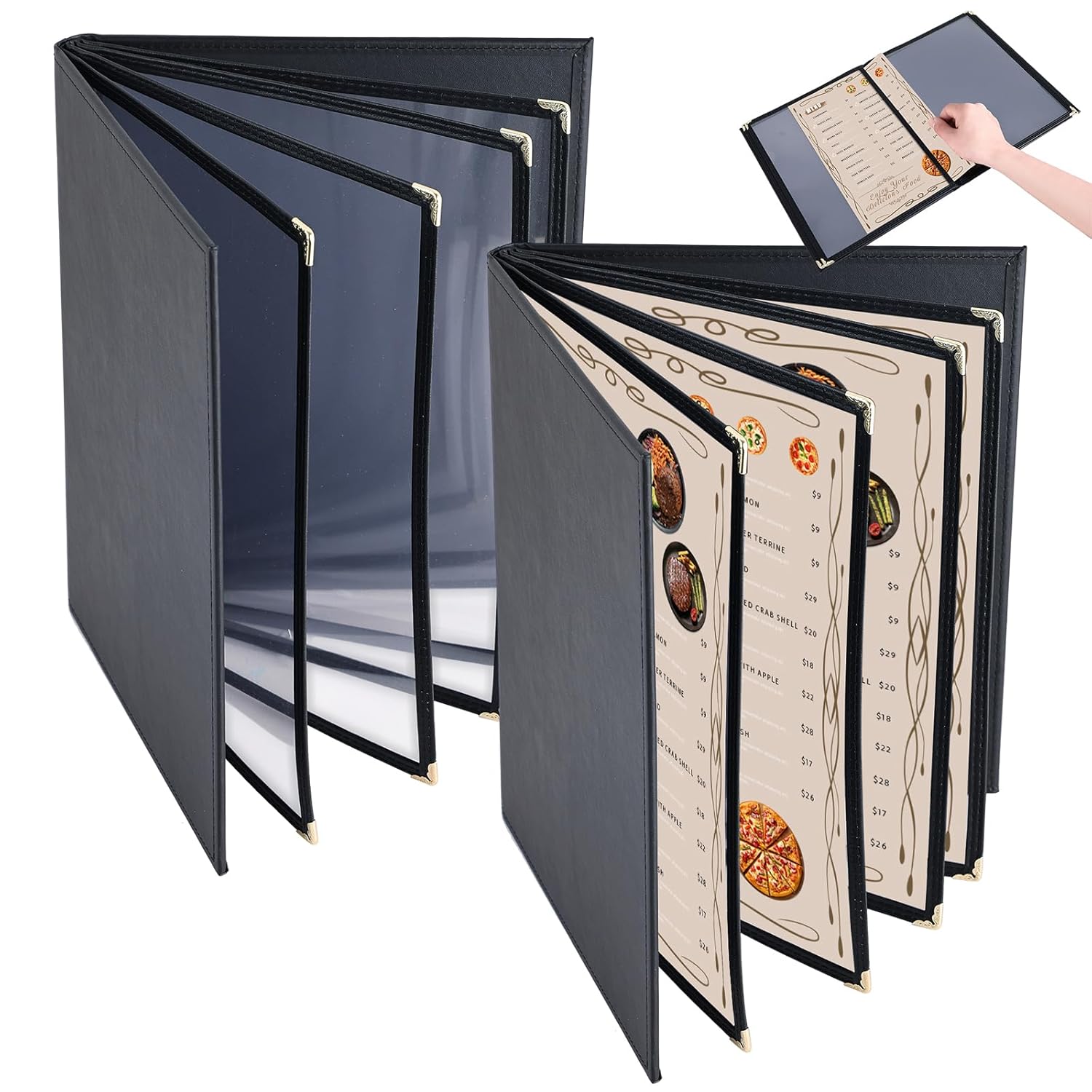 Restaurant Menu Covers Holders 8.5" X 11", 2 Pack Synthetic Leather Menu Sleeve Book Style, Premium Faux Leather Transparent Menu Cover for Bar Cafe Book Folder (2, 4 Pgae 8 View)
