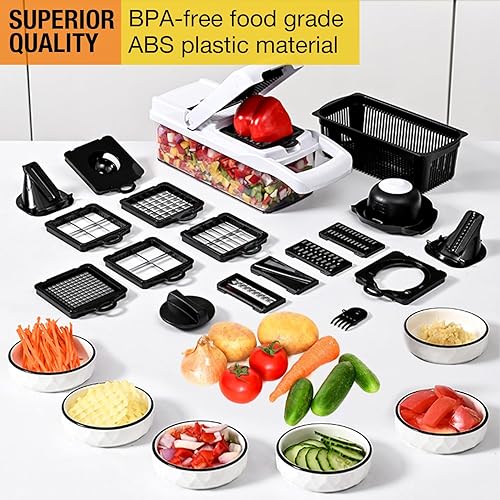 Miniatura 4 de Picador de verduras, 22 en 1 cortador de verduras y picador de alimentos con recipiente, rebanador de cebolla para tomate, papa, sin BPA y apto para