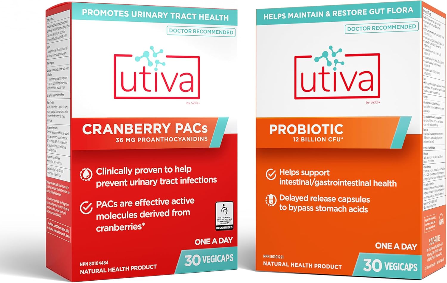Szio+ 10% Bundle Utiva 36PAC Power Bundle | 30 Days | Bundle with 36mg Soluble Cranberry PACs (DMAC/A2) and 30B CFU Probiotic Power (Lactobacillus and Bifidobacterium Strains) | Locally Made.