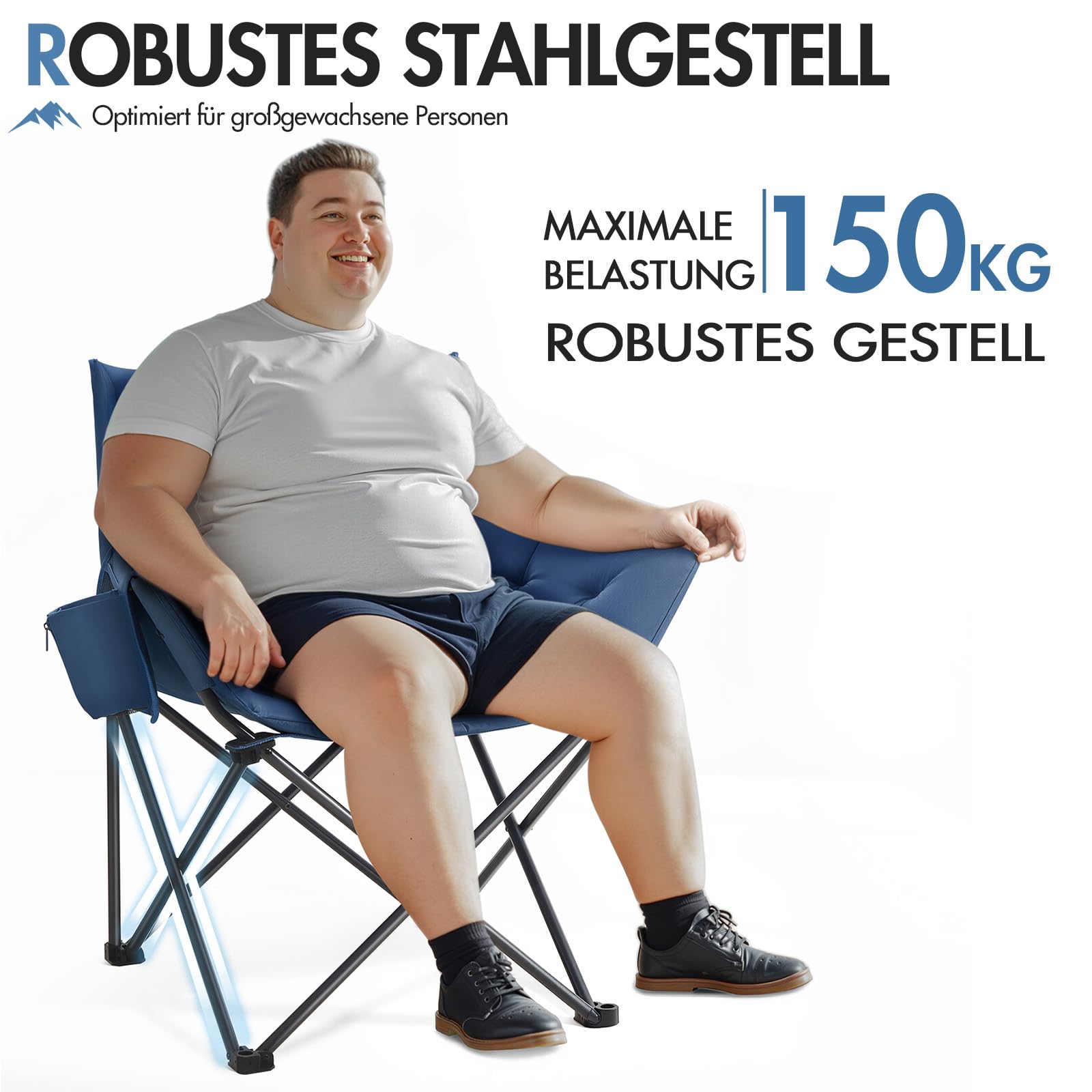 Portal Campingstuhl Faltbar Klappstuhl Camping Klappbar Super Weich 150kg Belastbar Faltbarer Angelstuhl XXL Dick Gepolstert mit Armlehnen Outdoorstuhl Schwarz
