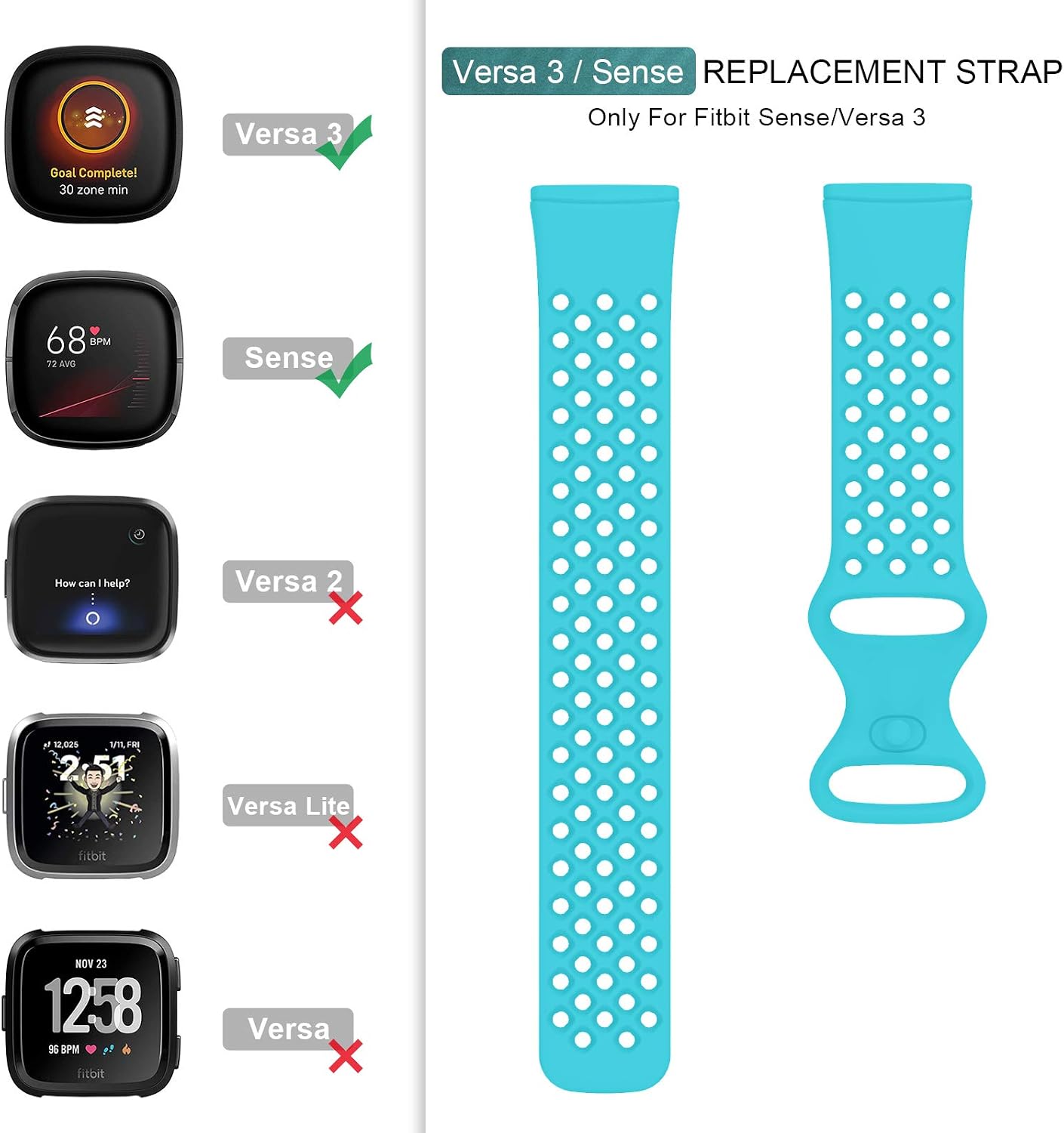 POY Compatible with Fitbit Versa 3 Bands/Fitbit Sense Bands, Breathable with Air Holes Sport Straps Replacement Wristbands for Women Men, Teal Large