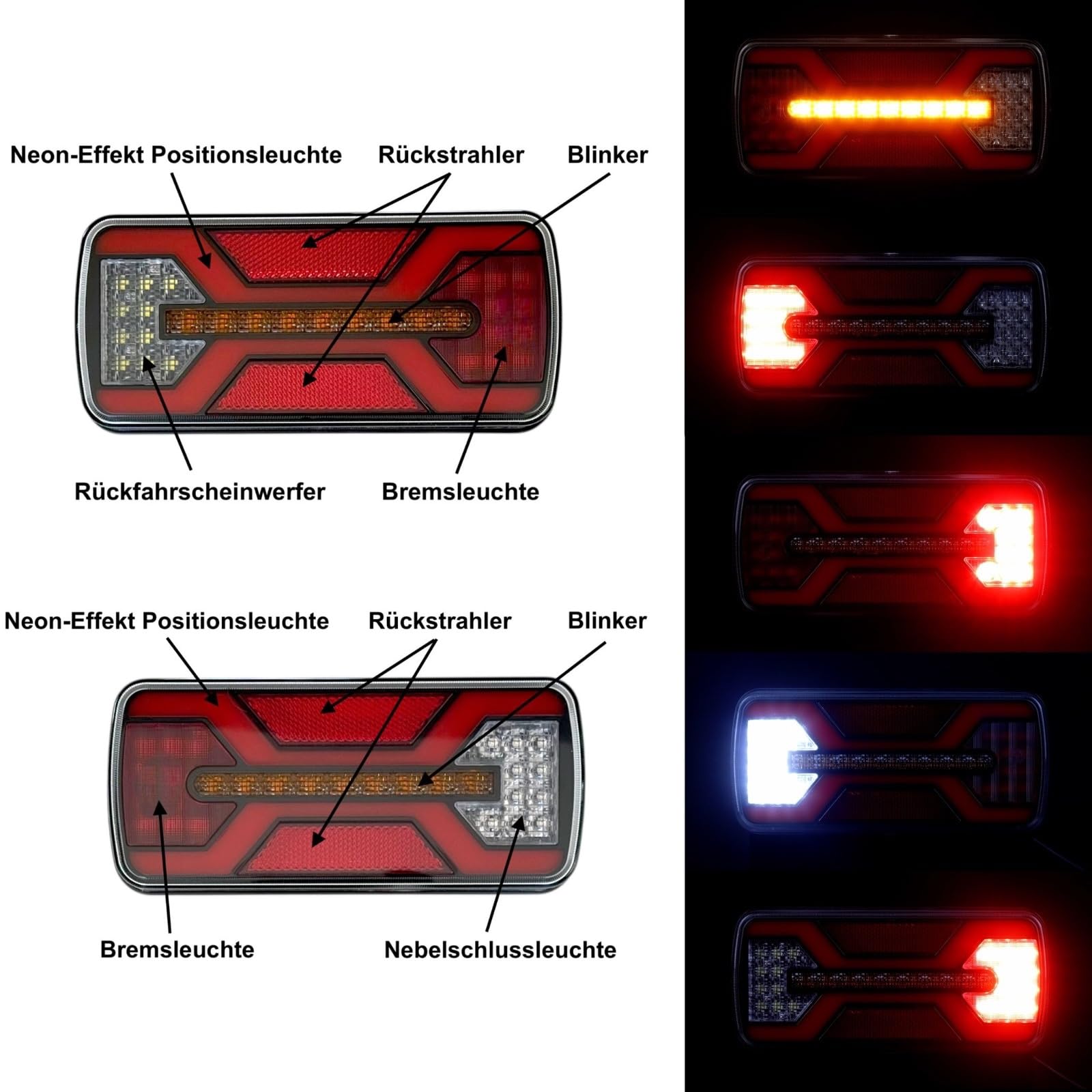 Kit éclairage LED remorque complet 5–9m – Feux arrière LED Neon 5 fonctions IP67, feux gabarit blancs/jaunes QS075 ou CLICK-ON, câble 13 broches, 12–24V, homologué E9