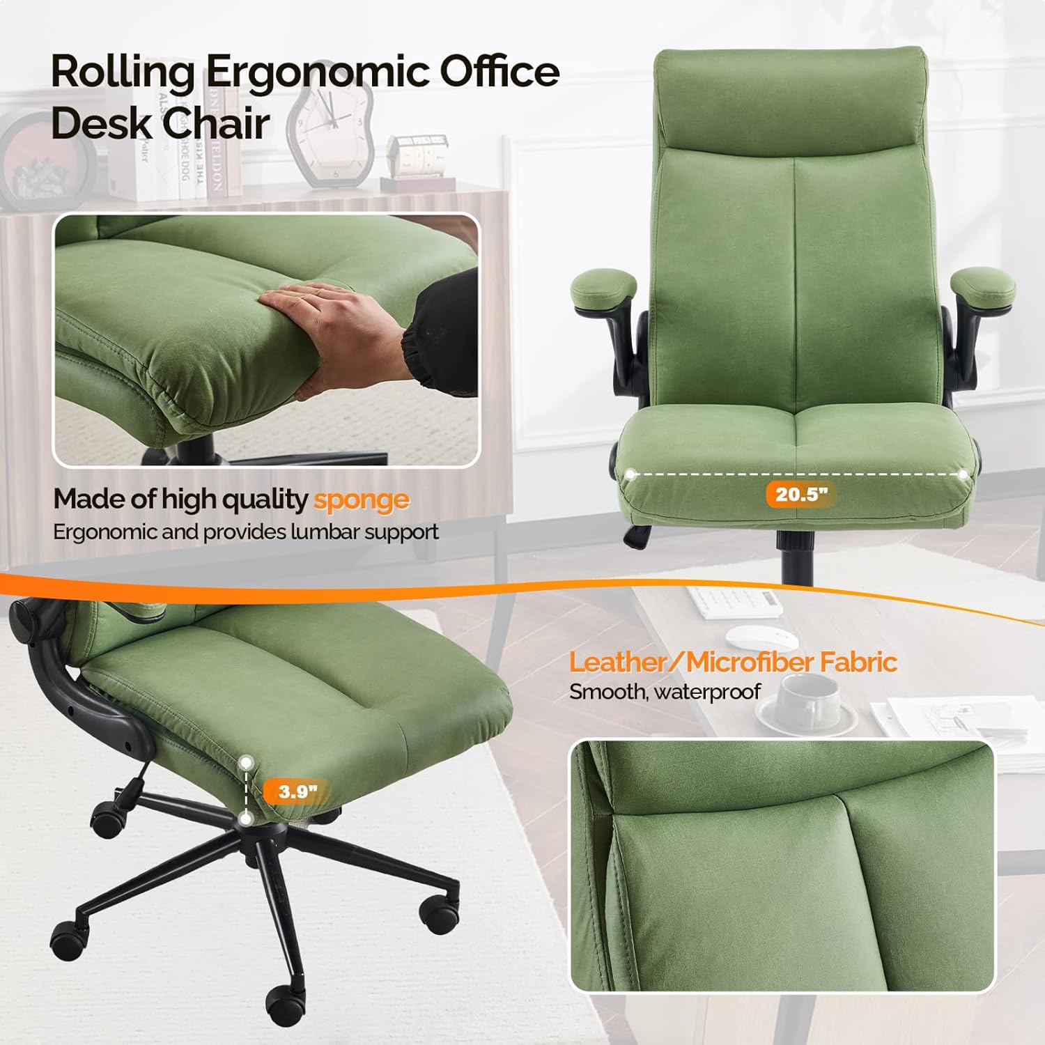 VINGLI Rolling Ergonomic Office Desk Chair with Padded Flip-up Arms, 360° Swivel High Back Executive Computer Task Chair with Wheels for Game,Home Small Space, Study Room, Reading Room,Pu Green