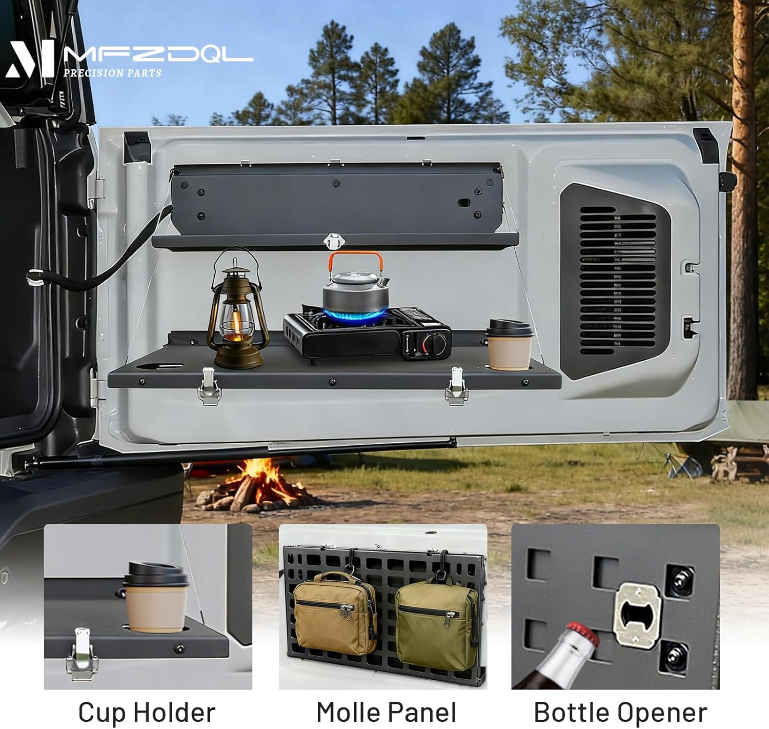Tailgate Table Fits for Ford Bronco 2021-2024, Carbon Steel Double Layer Folding Shelf & Molle Panel, Compact Storage for Off-Road Camping