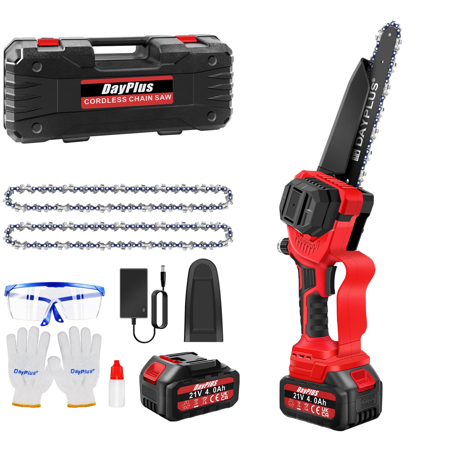 Motosierra sin escobillas con batería con 2 baterías de 4,0 Ah y cargador, motosierra de mano de 8 pulgadas, motosierra de 21 V, batería para cortar madera, corte de árbol, 2 cadenas, longitud de