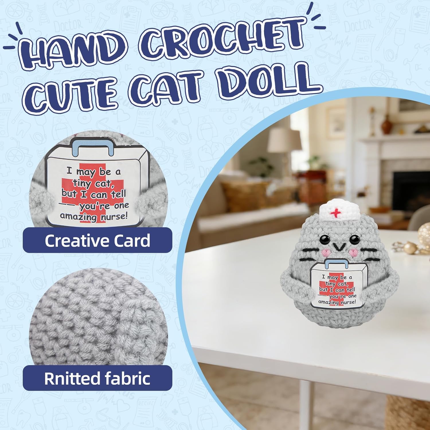 Funny Nurse Week Gifts for Women - 2026 Positive Crochet Cat with Nurse Badge Reel - Animals Emotional Appreciation Gifts for RN Registered Practitioner, LPN, Nursing School Graduation, Christmas - Image 6