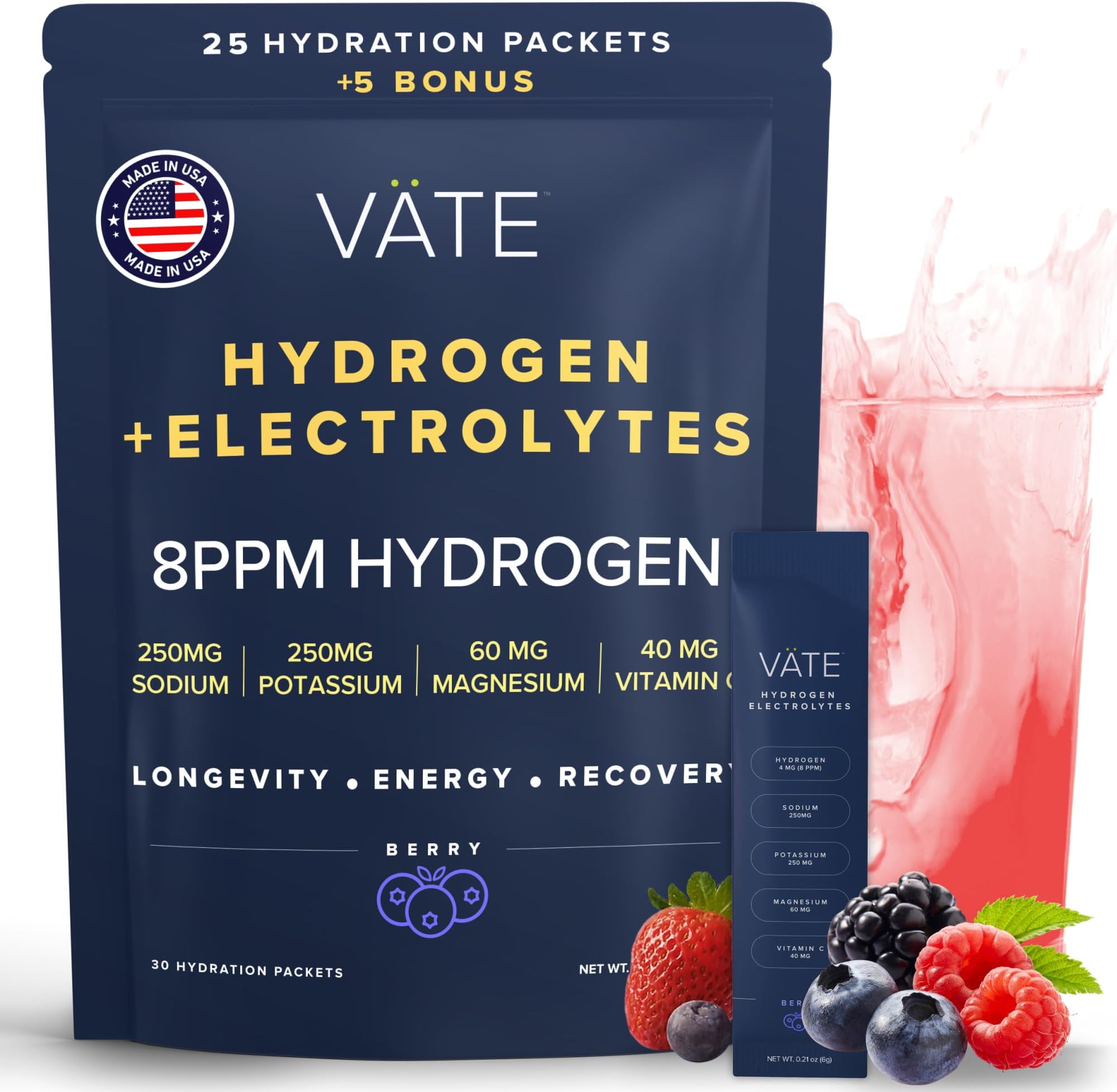 VATE Hydrogen Water + Electrolytes Powder Packets, 8 PPM Molecular Hydrogen + Electrolytes for Hydration, Focus & Recovery,Packets with Magnesium, Potassium, Vitamin C, 30 Count - Berry