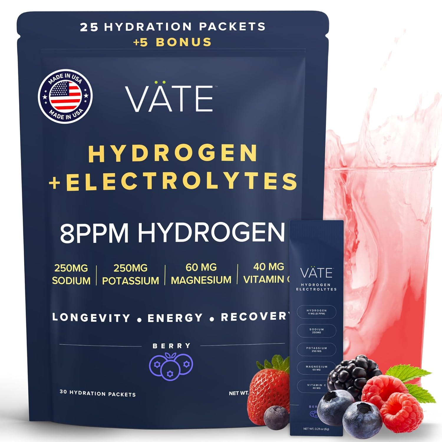 VATE Hydrogen Water + Electrolytes Powder Packets, 8 PPM Molecular Hydrogen + Electrolytes for Hydration, Focus & Recovery,Packets with Magnesium, Potassium, Vitamin C, 30 Count - Berry