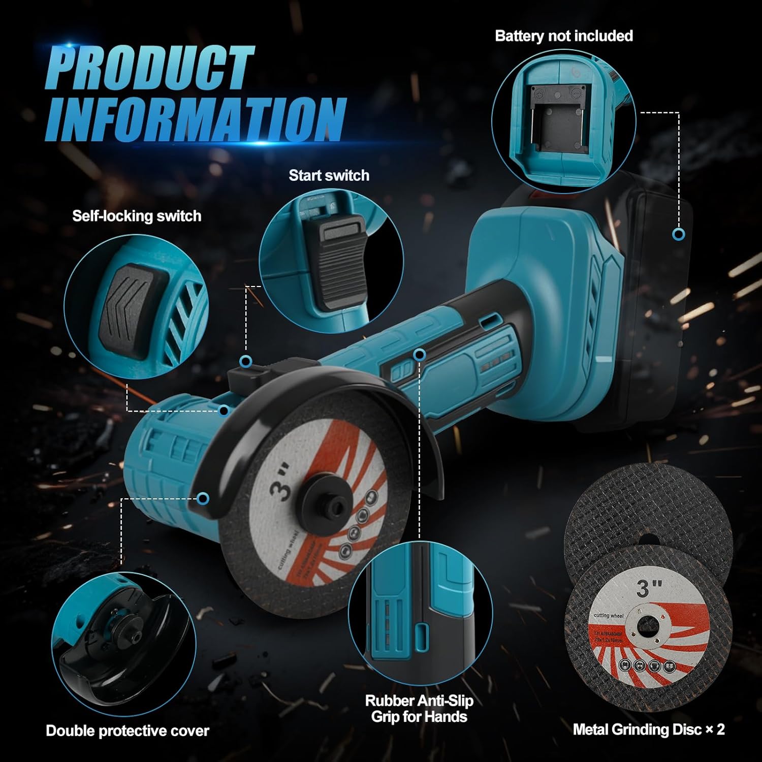 Compact Brushless Mini Angle Grinder for Makita 18V/21V Battery (Tool Only), 19000RPM Cordless Grinding Tool with 2x 3" Discs Ideal for Metal Cutting & Grinding