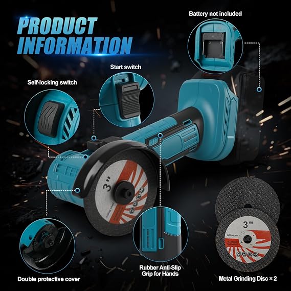 Mini Angle Grinder for Makita, 800W 19000RPM Brushless Cordless Angle Grinder Polishing Machine with 2PCS 3 Grinding Disc for Cutting Polishing Sharpening Wood Stone Steel