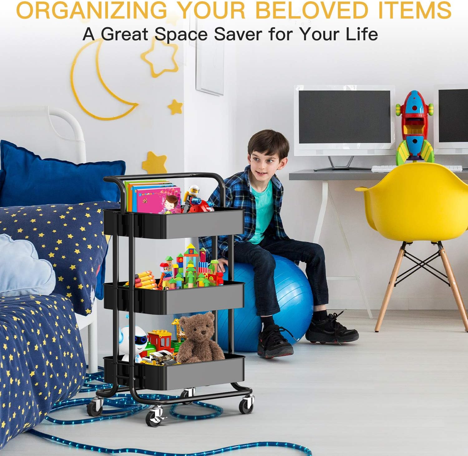 FURNINXS 3 Tier Rolling Cart with Wheels White Metal Utility Cart with Handle Rolling Storage Organizer Trolley Cart for Kitchen, Office, Home, School (Black) : Office Products