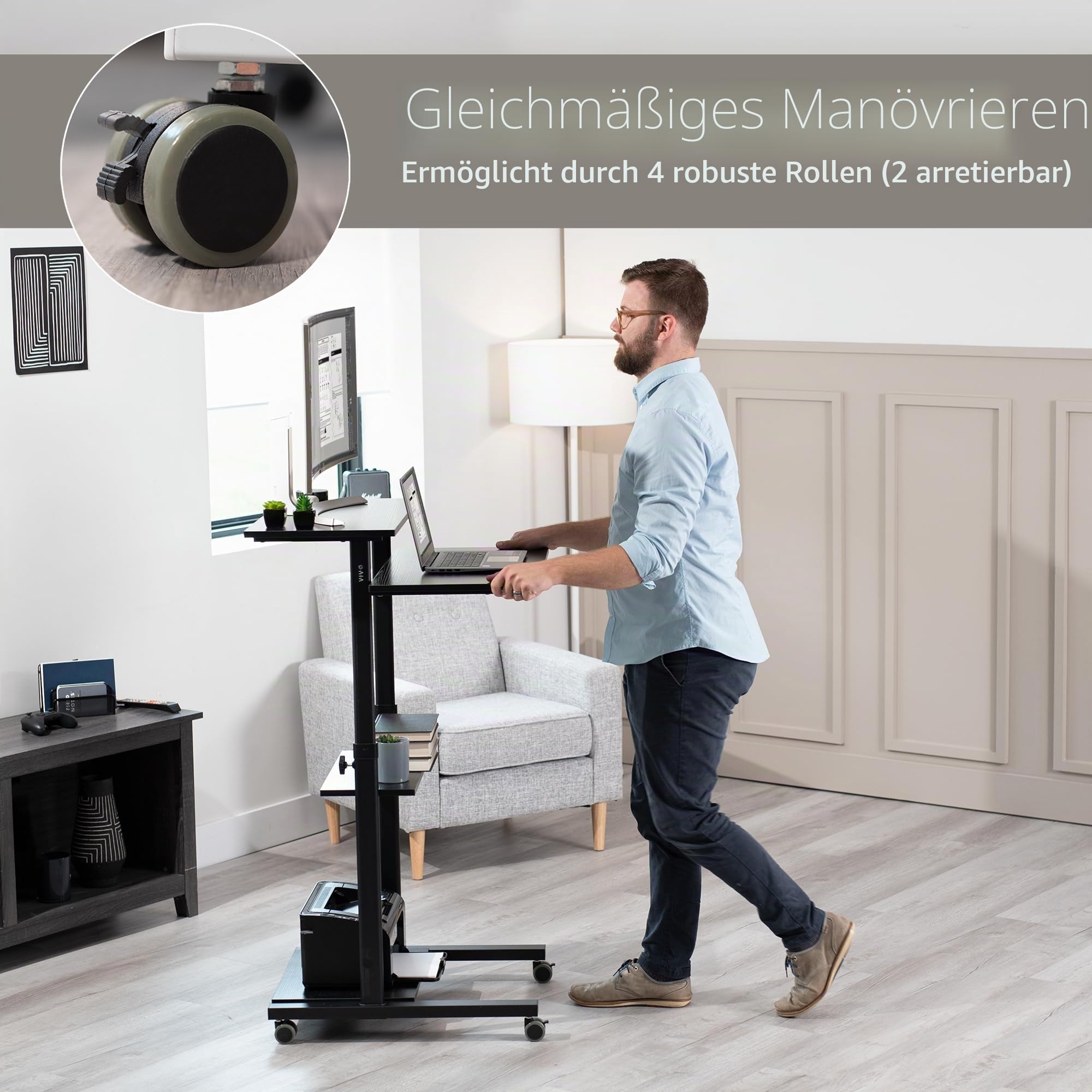 VIVO Mobiler höhenverstellbarer Tisch, Stehpult mit Stauraum, Computerarbeitsplatz, rollender Präsentationswagen, schwarz, CART-V02D