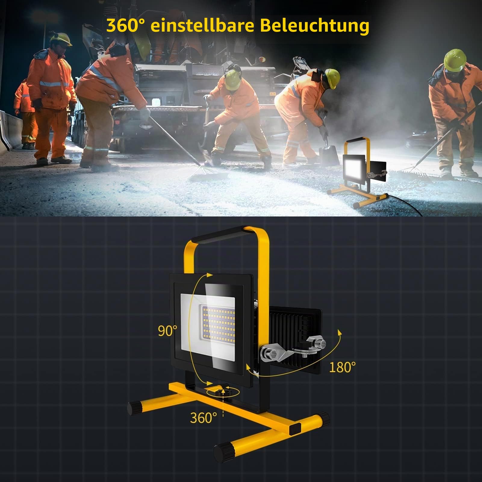 Viugreum Baustrahler 100W 8000lumen 6500K Einstellbare Richtung LED Baustrahler 230V Kaltweiss Scheinwerfer IP65 Wasserdicht Arbeitsscheinwerfer Bauscheinwerfer mit Stecker 3m Stativ für Baustellen