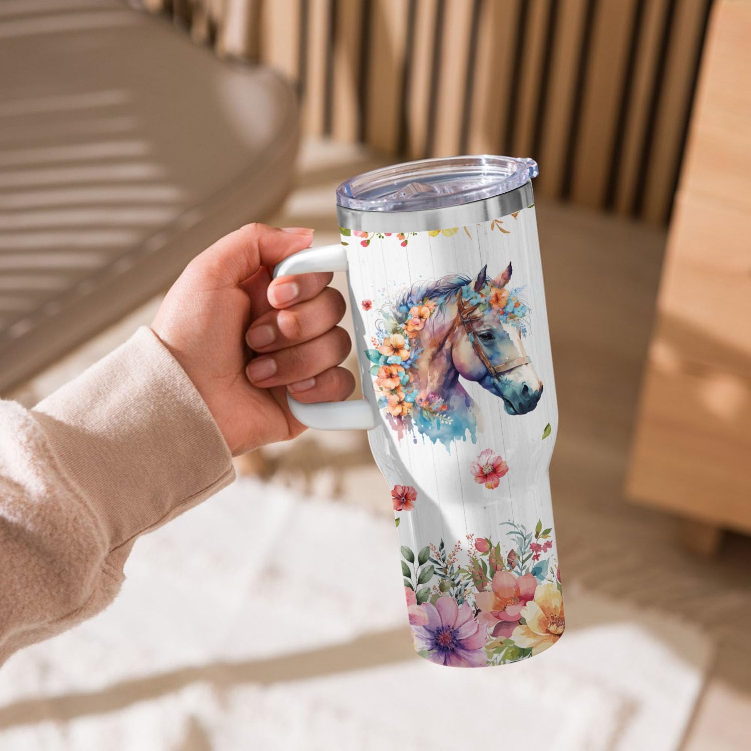 Horse Gift: 40oz Insulated Stainless Steel Travel Mug with Handle - Image 3