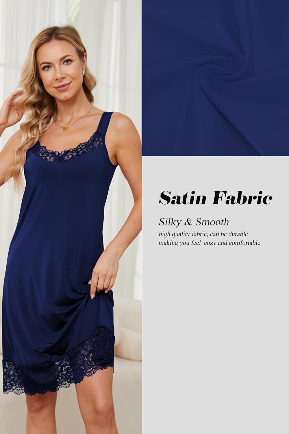 H HIAMIGOS Slip Dress Lace Trim Satin Slip for Women Under Dress Non Cling Midi Full Slip Wide Strap - Image 2