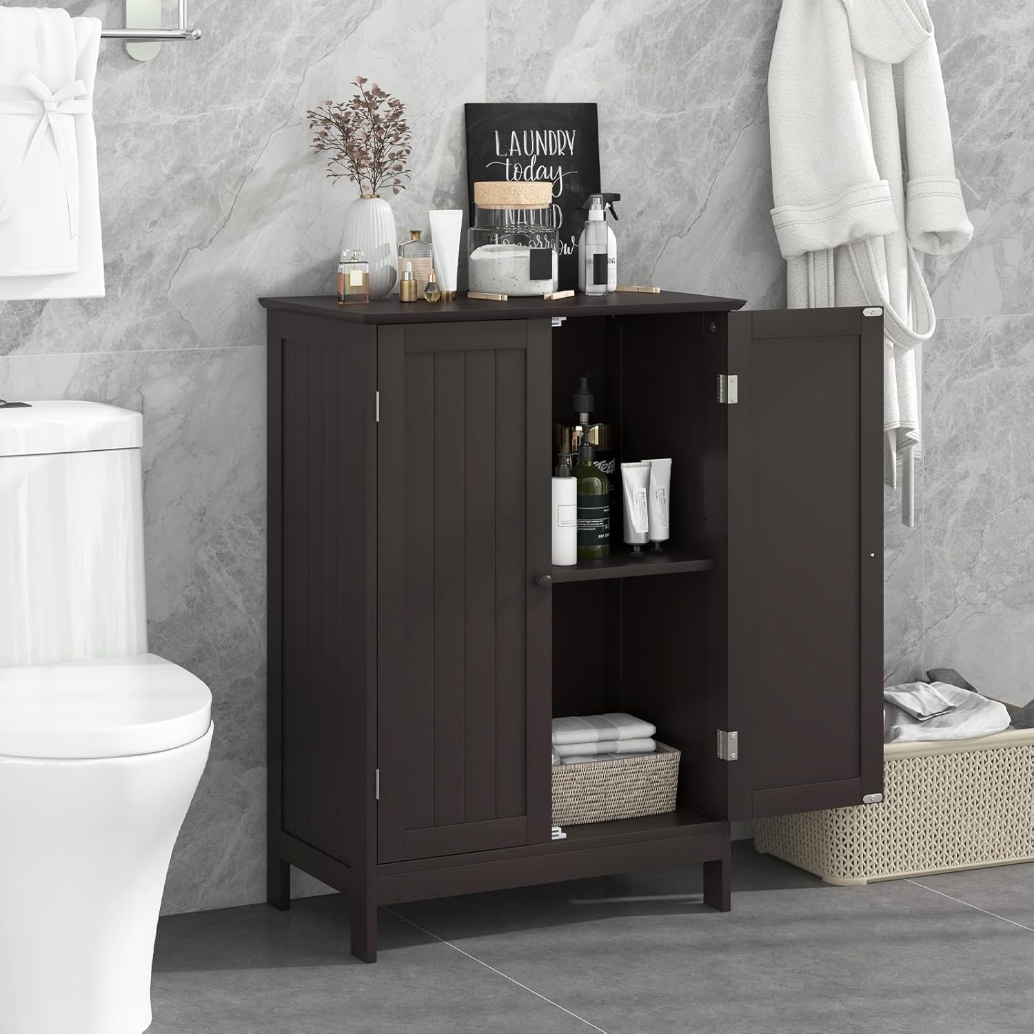 BECOMFORT Bathroom Storage Cabinet, Floor Cabinet with Double Doors & Adjustable Shelf, Modern Home Furniture, Bathroom Organizers and Storage for Living Room, Entryway, Kitchen (Brown)