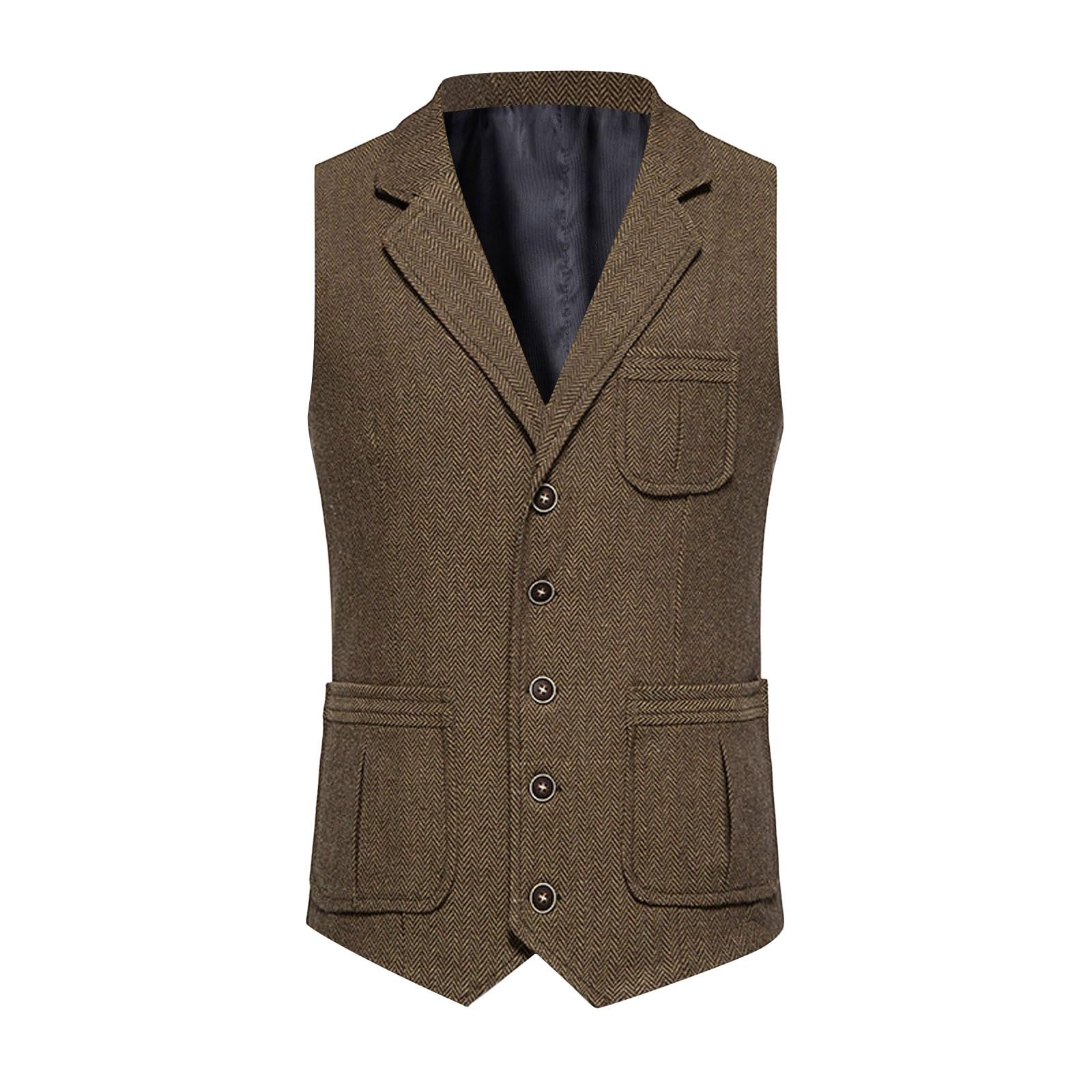Gilet in tweed da uomo, stile tradizionale, vintage, autunno, classico, con scollo a V, senza maniche, trapuntato, tinta unita, slim fit