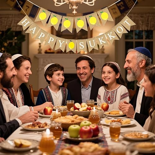 Miniatura 10 de LOONELO Cartel colgante de Happy Sukkot, arpillera Sukkah Etrog Lulav, cartel colgante de vacaciones judías para celebración judía, festival,