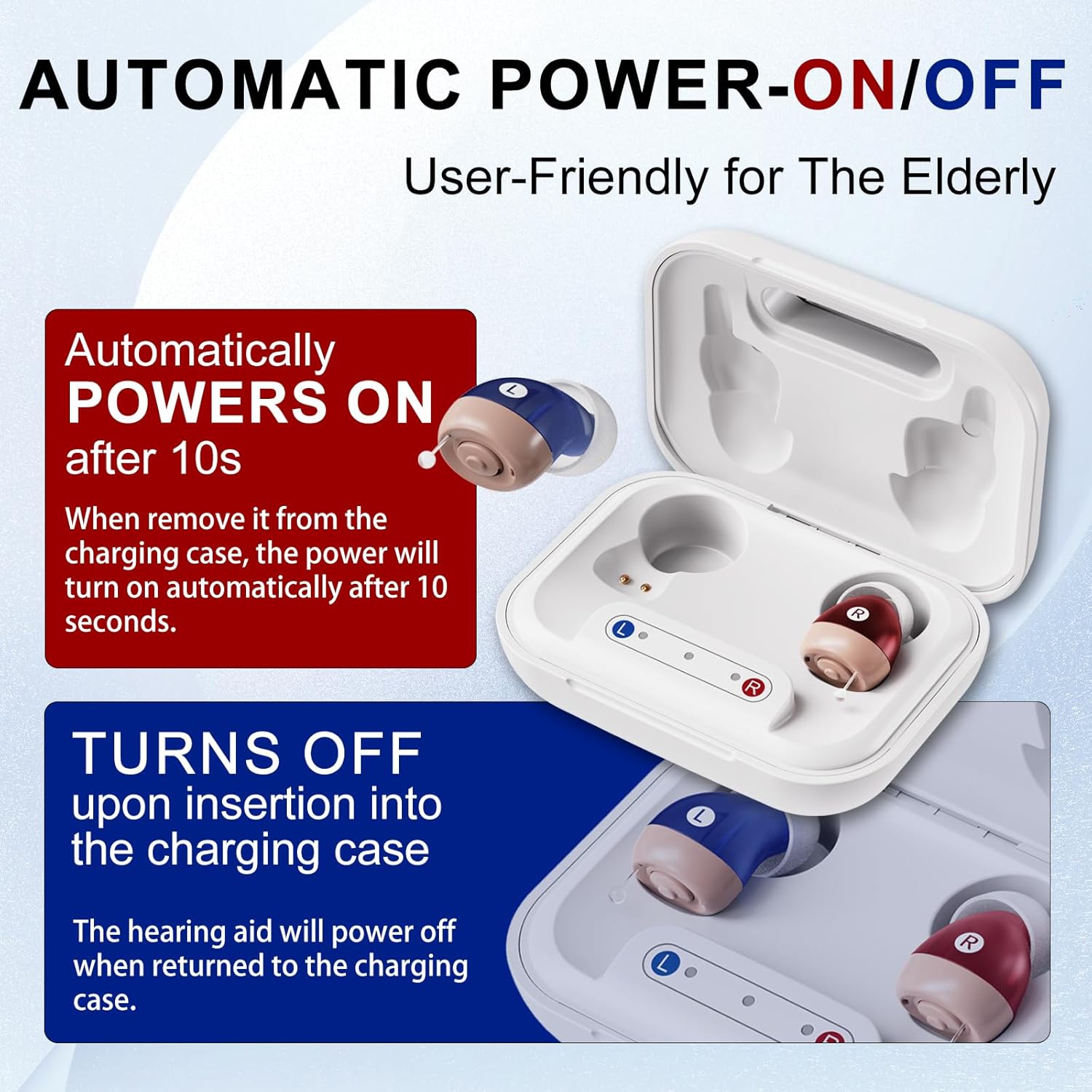 Diagram illustrating the automatic power on/off function of the JingHao JH-A490 hearing aids.