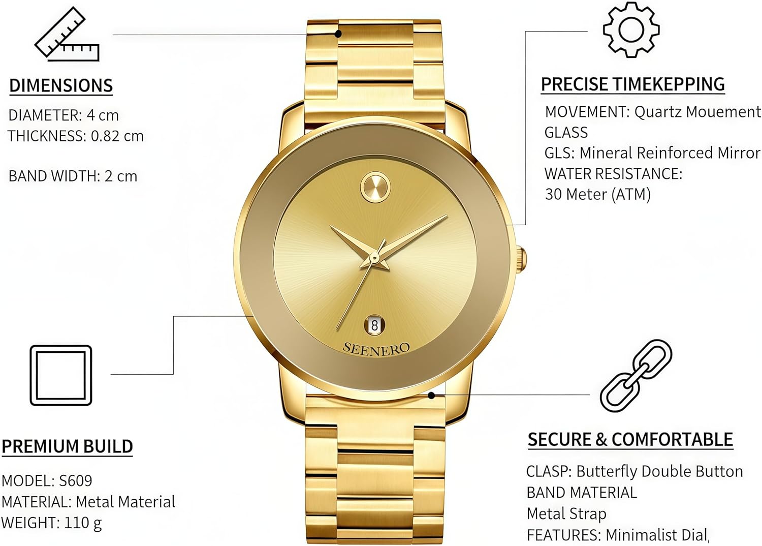 Watch Elegant Unisex Waterproof Big Face Quartz with Calendar Diamond Dial Accents Minimalist Business Casual Wrist Watches for Women and Men Stainless Steel Band & Gifts for Men - Image 3